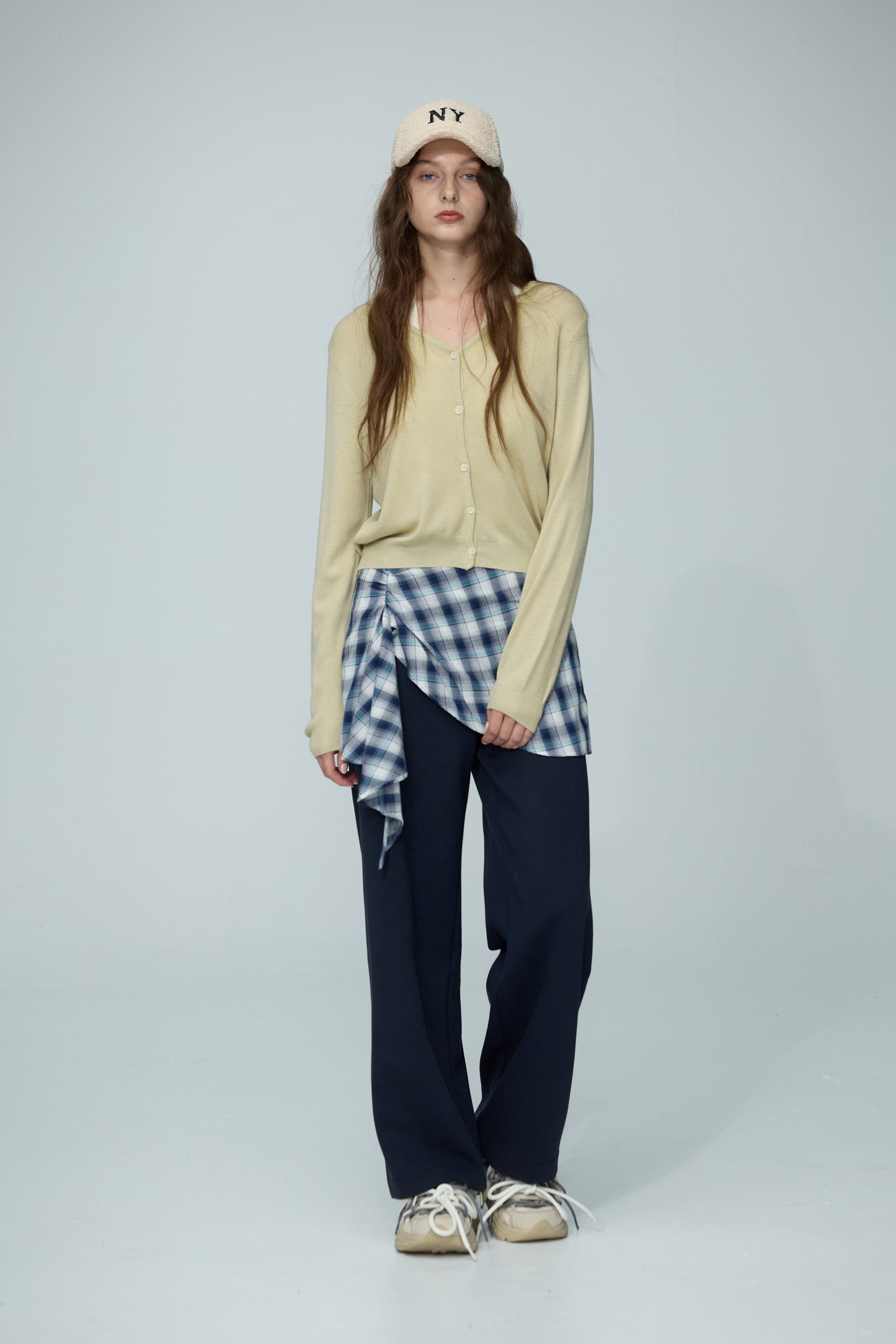 格紋裙罩直筒長褲兩件組-藏青