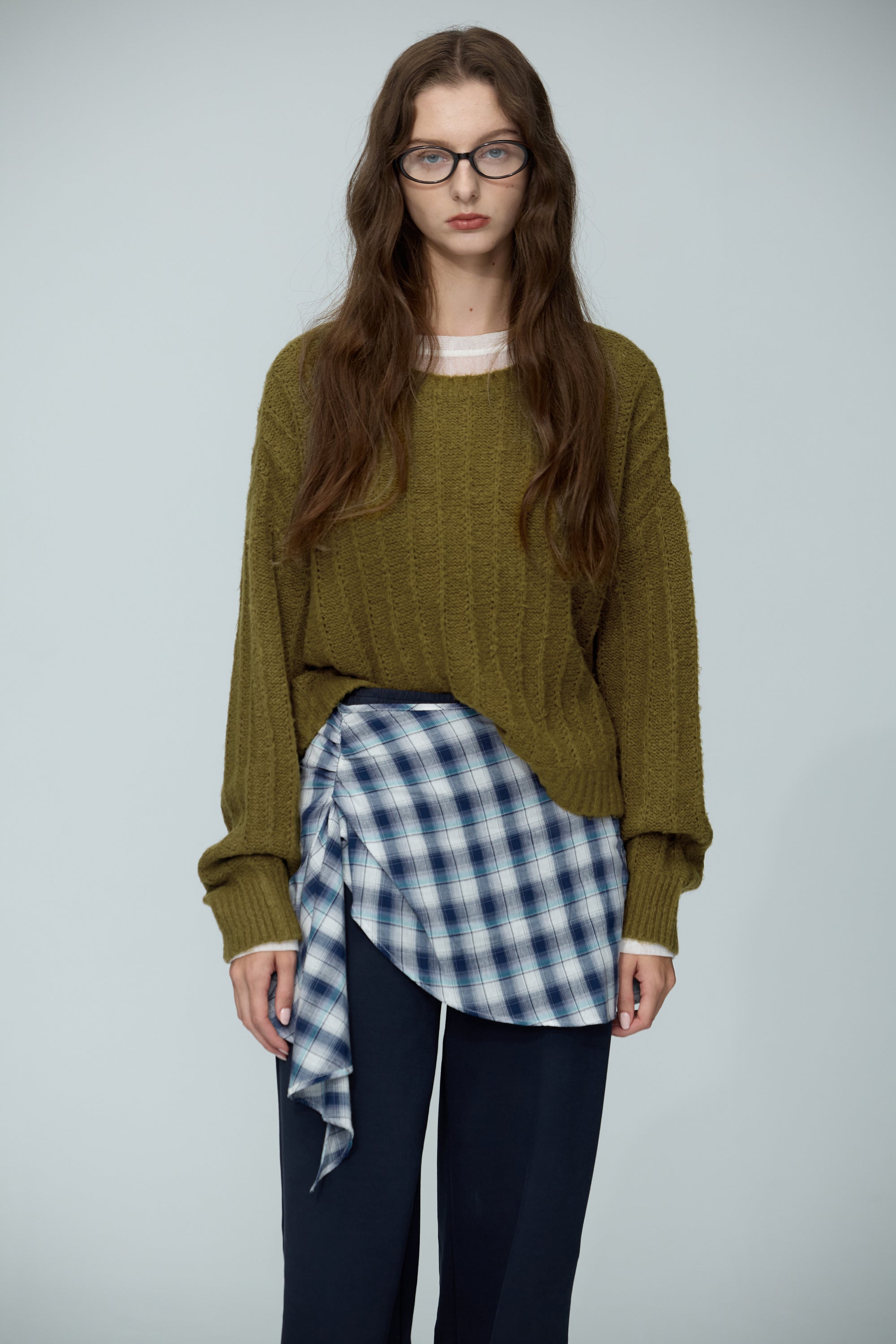 格紋裙罩直筒長褲兩件組-藏青