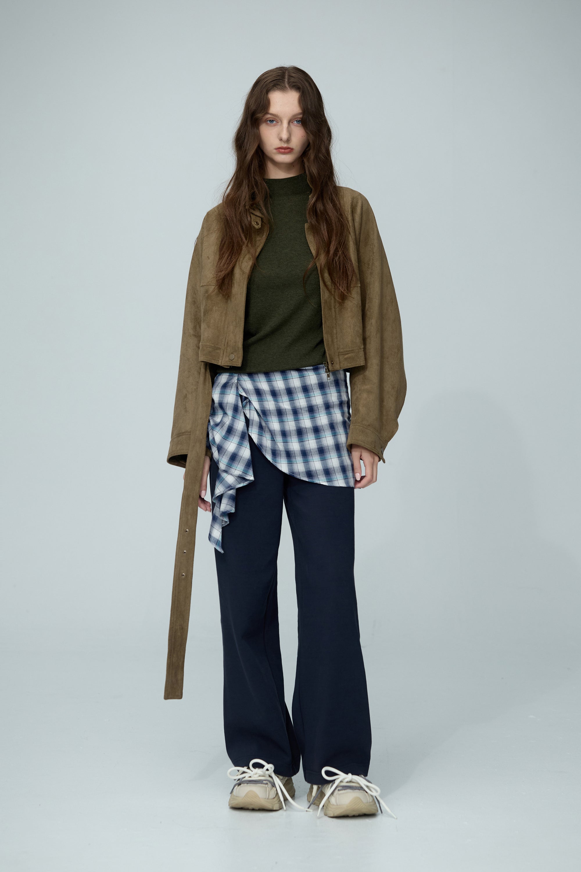 格紋裙罩直筒長褲兩件組-藏青