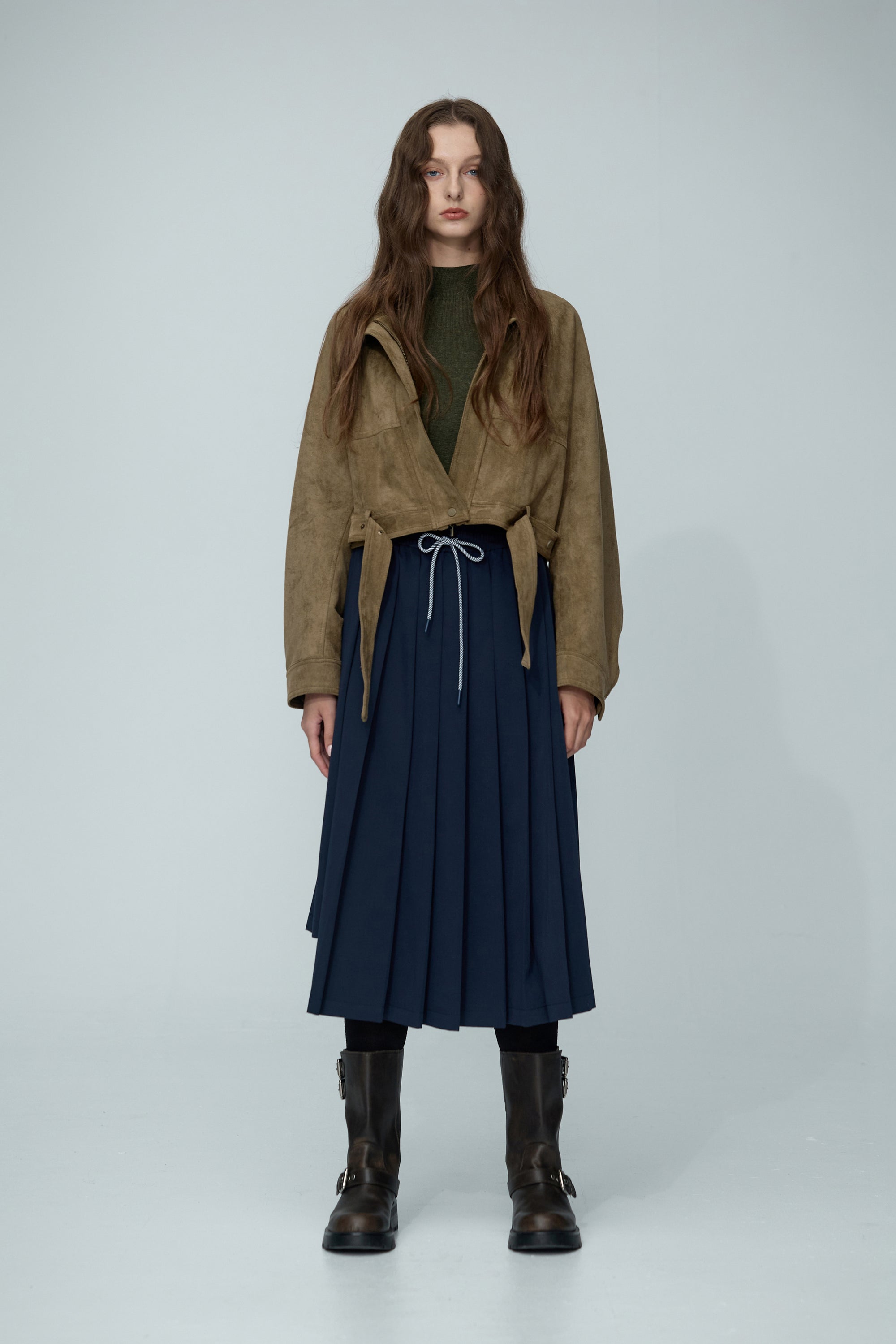 立領麂皮絨夾克外套-綠色