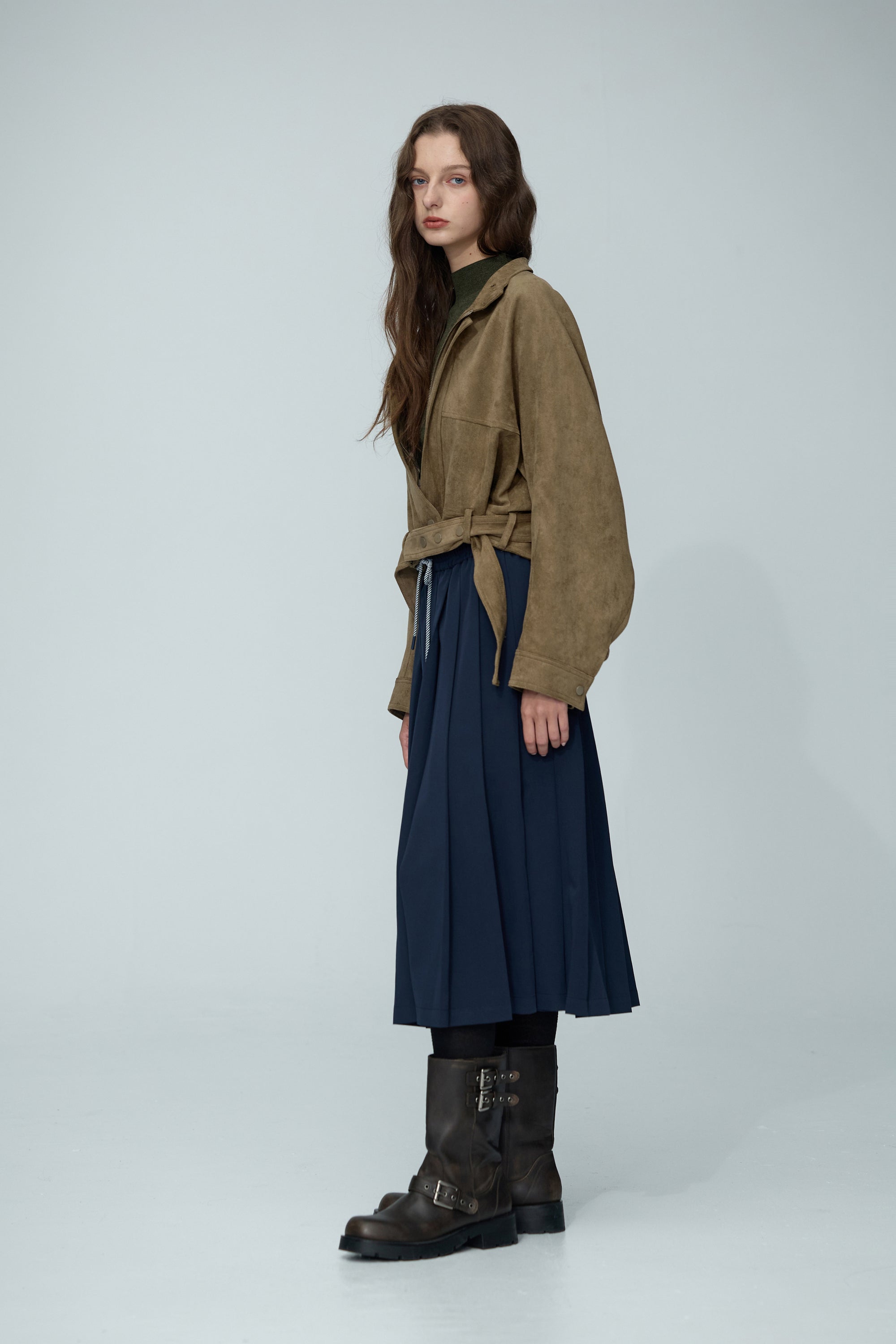 立領麂皮絨夾克外套-綠色