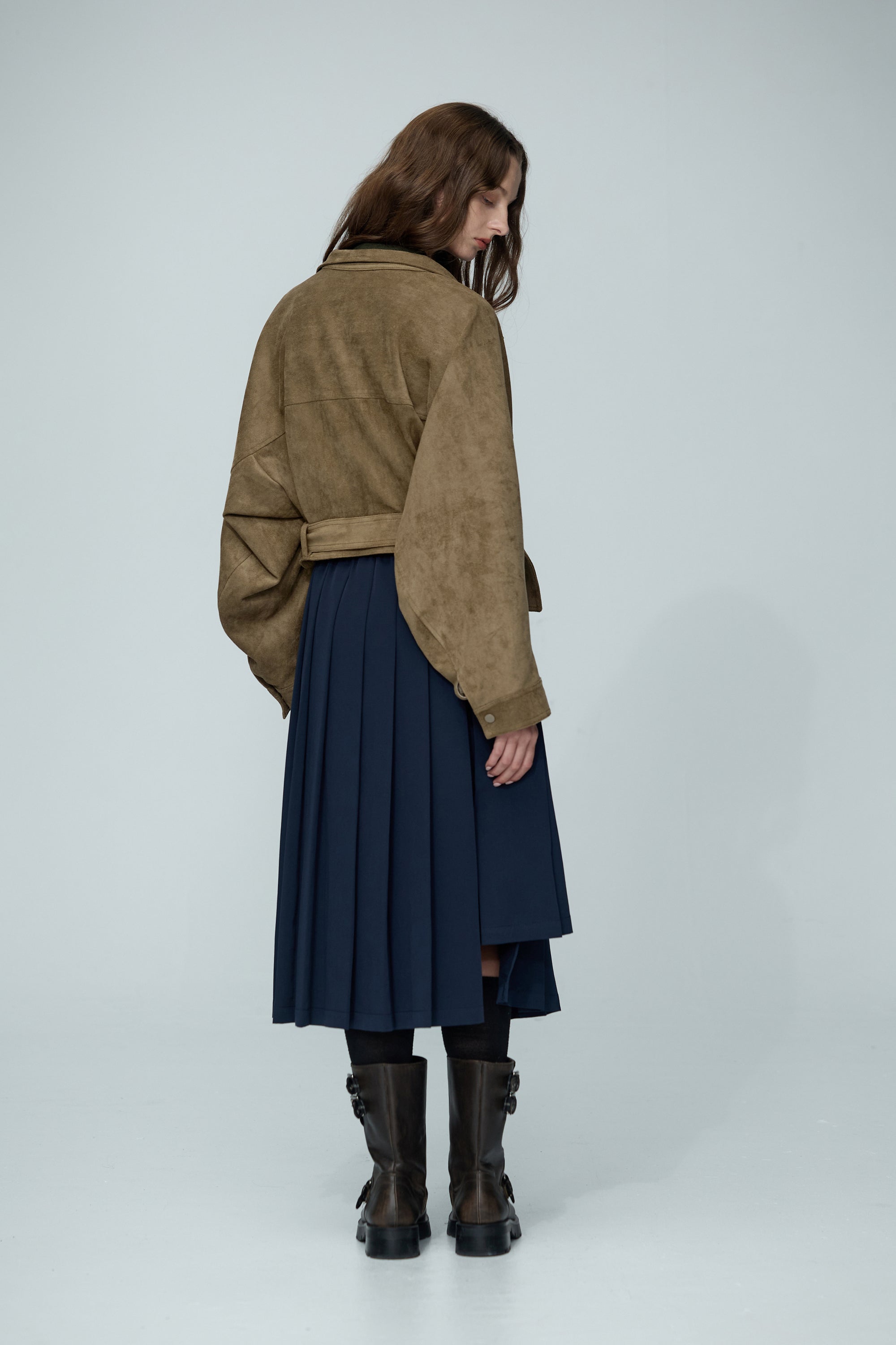 立領麂皮絨夾克外套-綠色