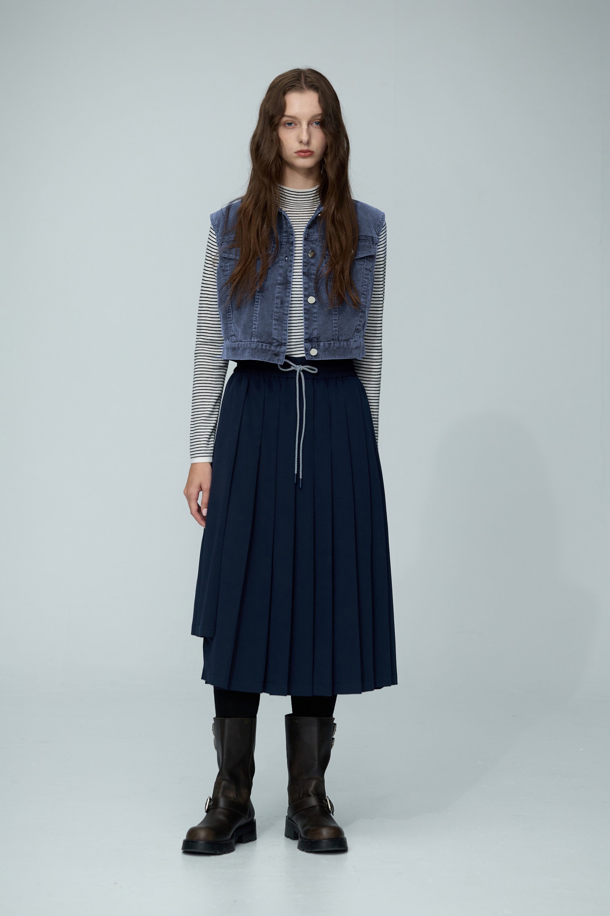 絨面直條紋理短版背心外套-藍色