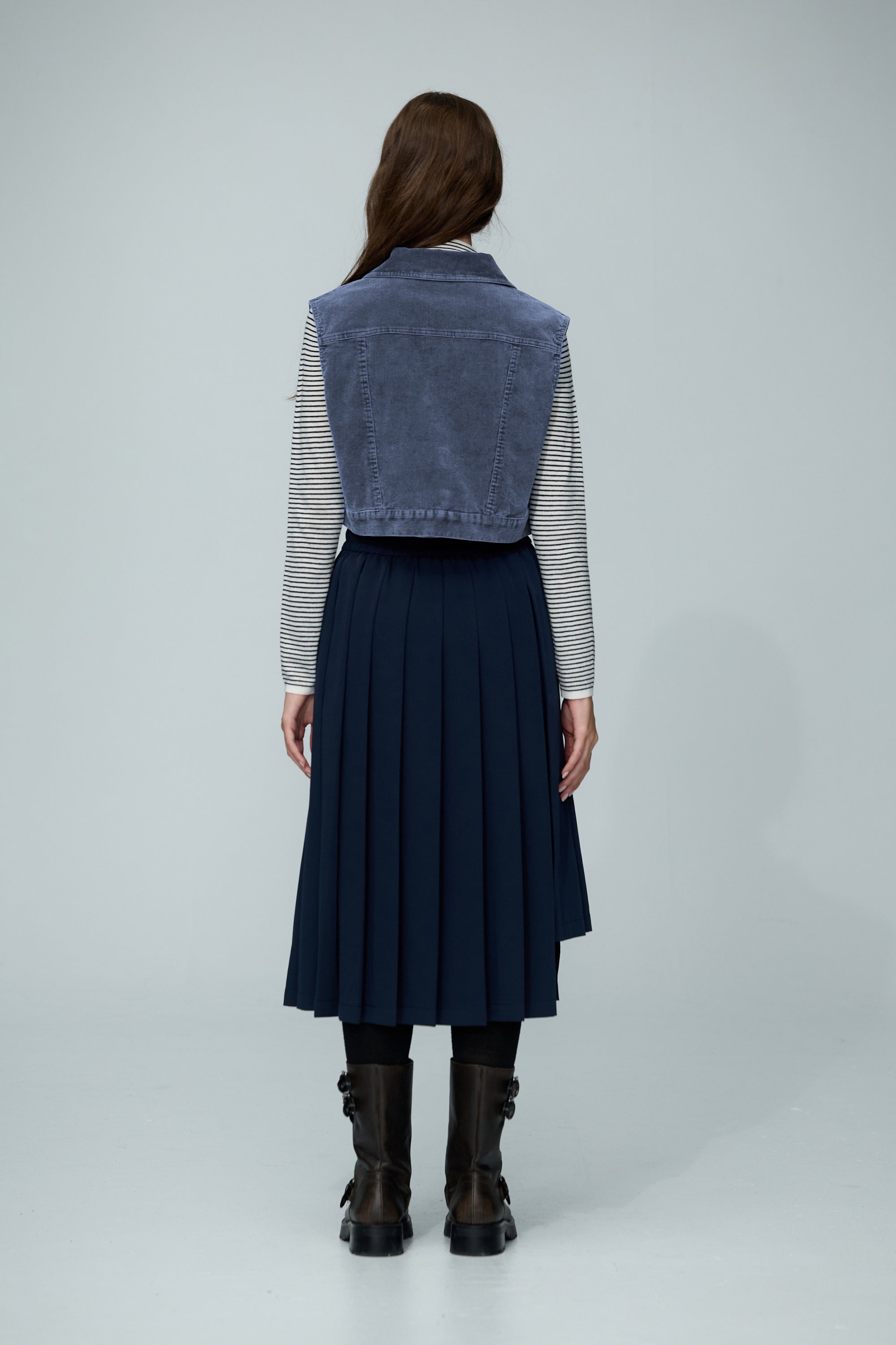 絨面直條紋理短版背心外套-藍色