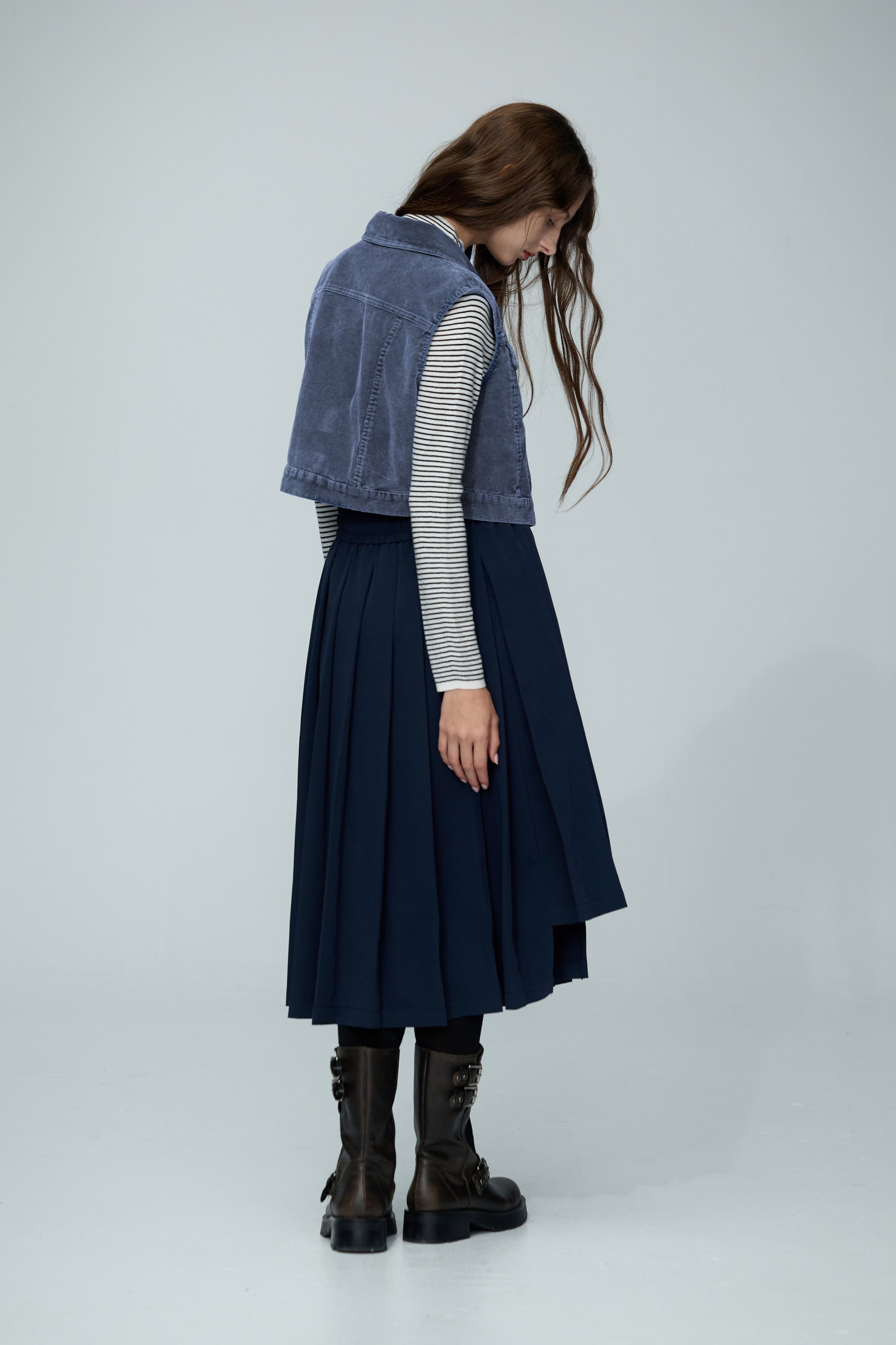 絨面直條紋理短版背心外套-藍色