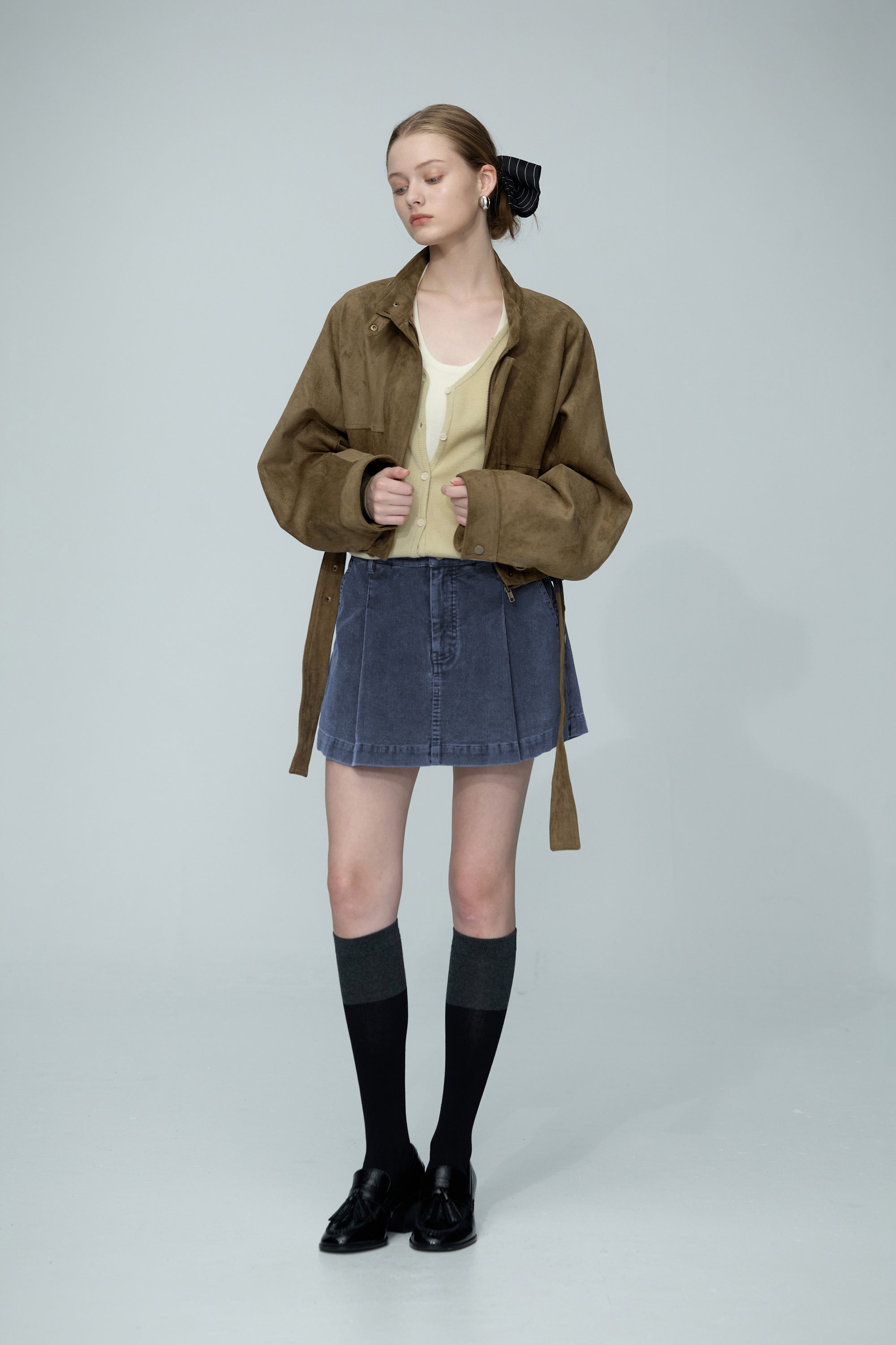 立領麂皮絨夾克外套-綠色