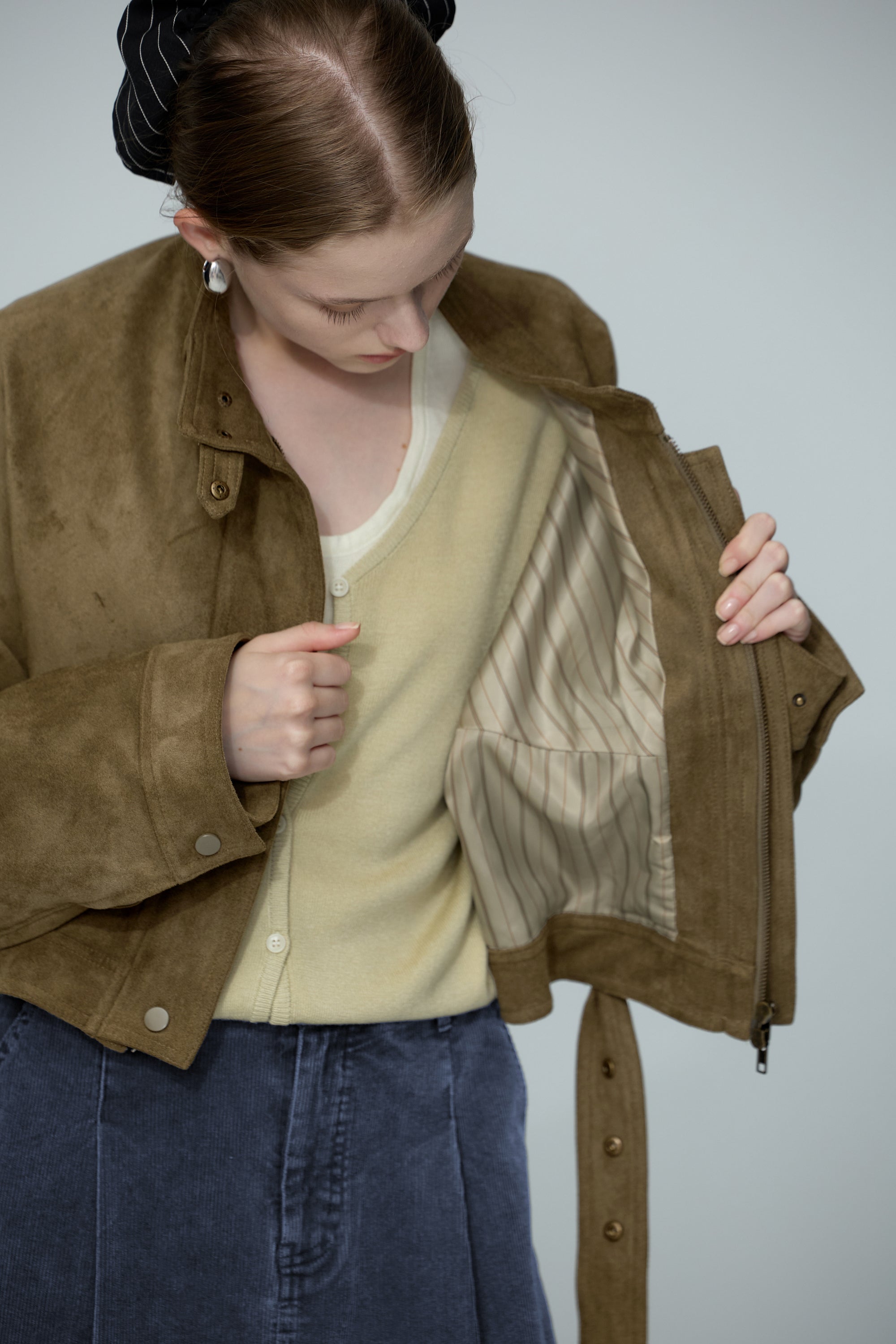 立領麂皮絨夾克外套-綠色