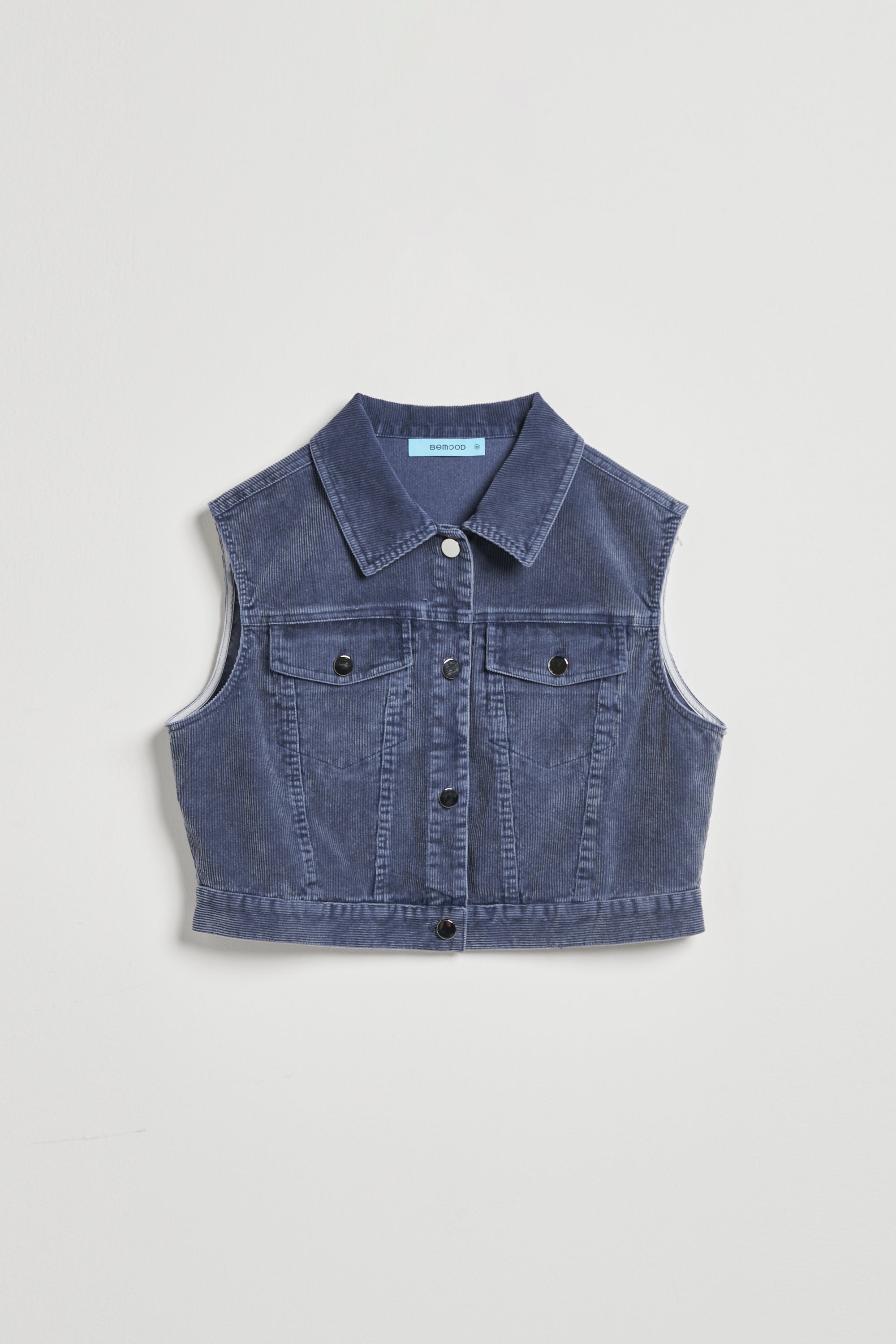 絨面直條紋理短版背心外套-藍色