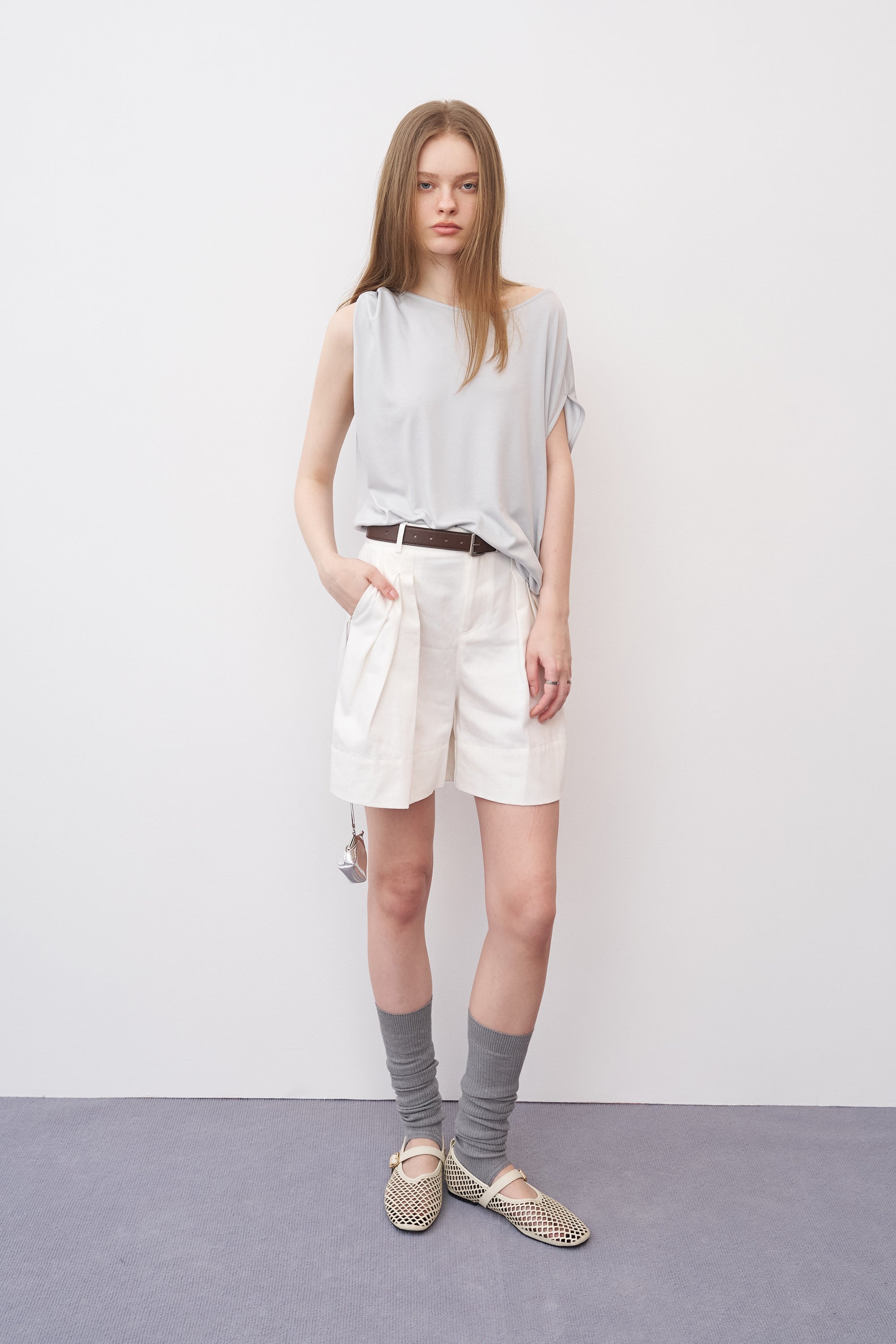 立體打褶下襬可反折短褲-白