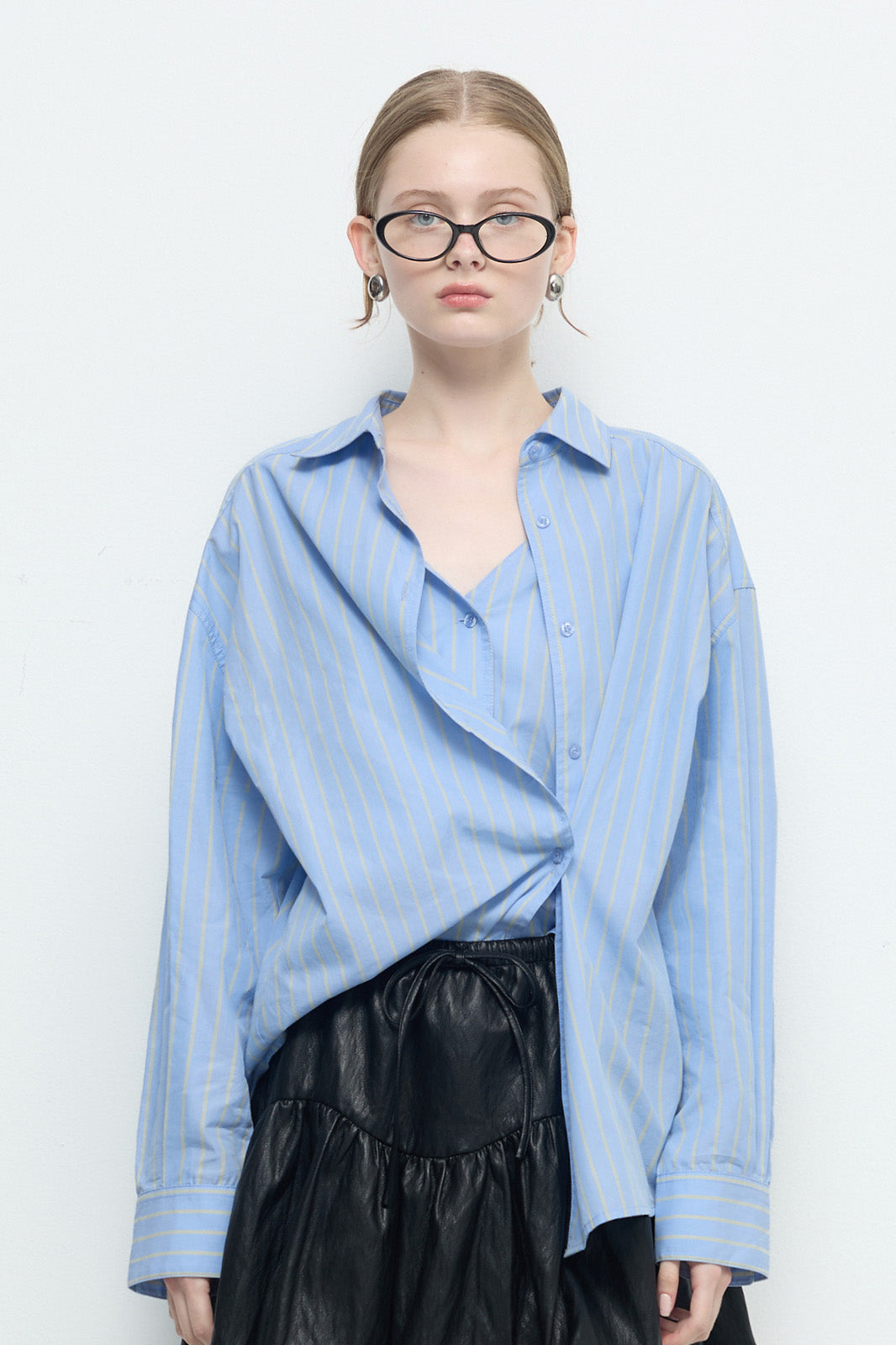 假兩件拼接條紋襯衫-藍色