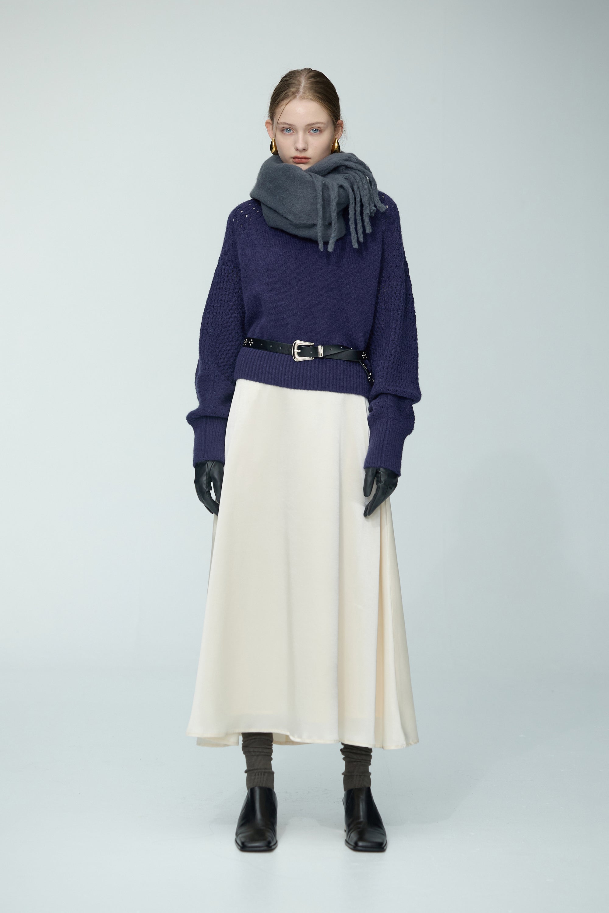 緞面光澤A-LINE長裙-杏