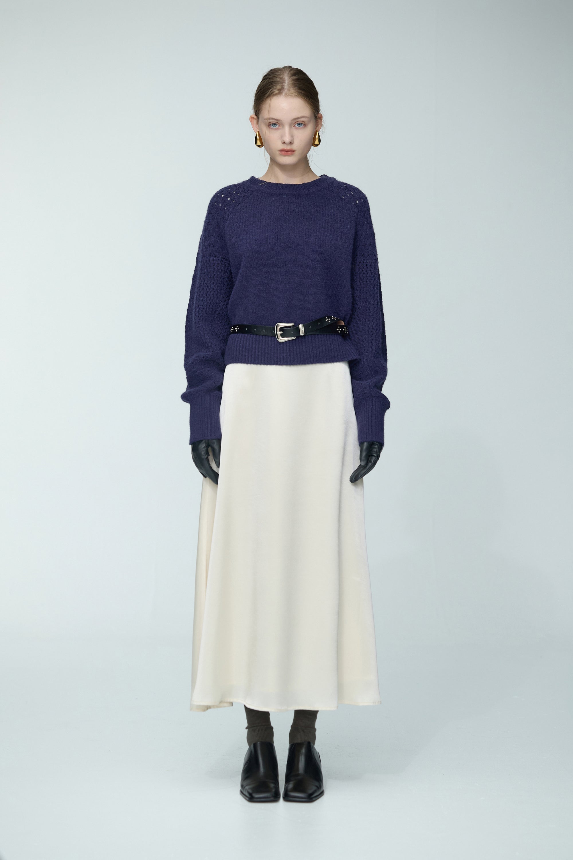 緞面光澤A-LINE長裙-杏