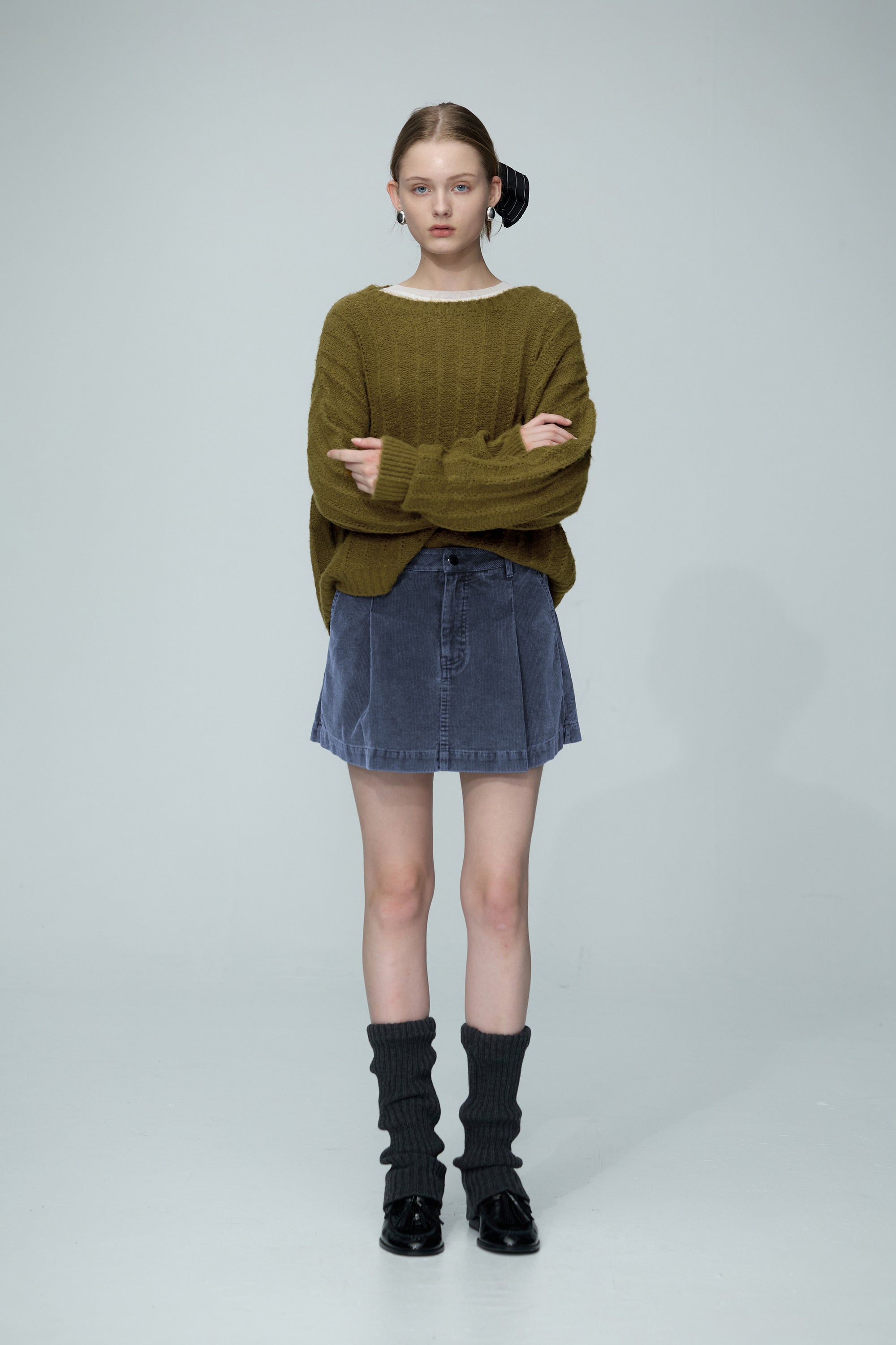 絨面直條紋理ALINE短褲-藍色