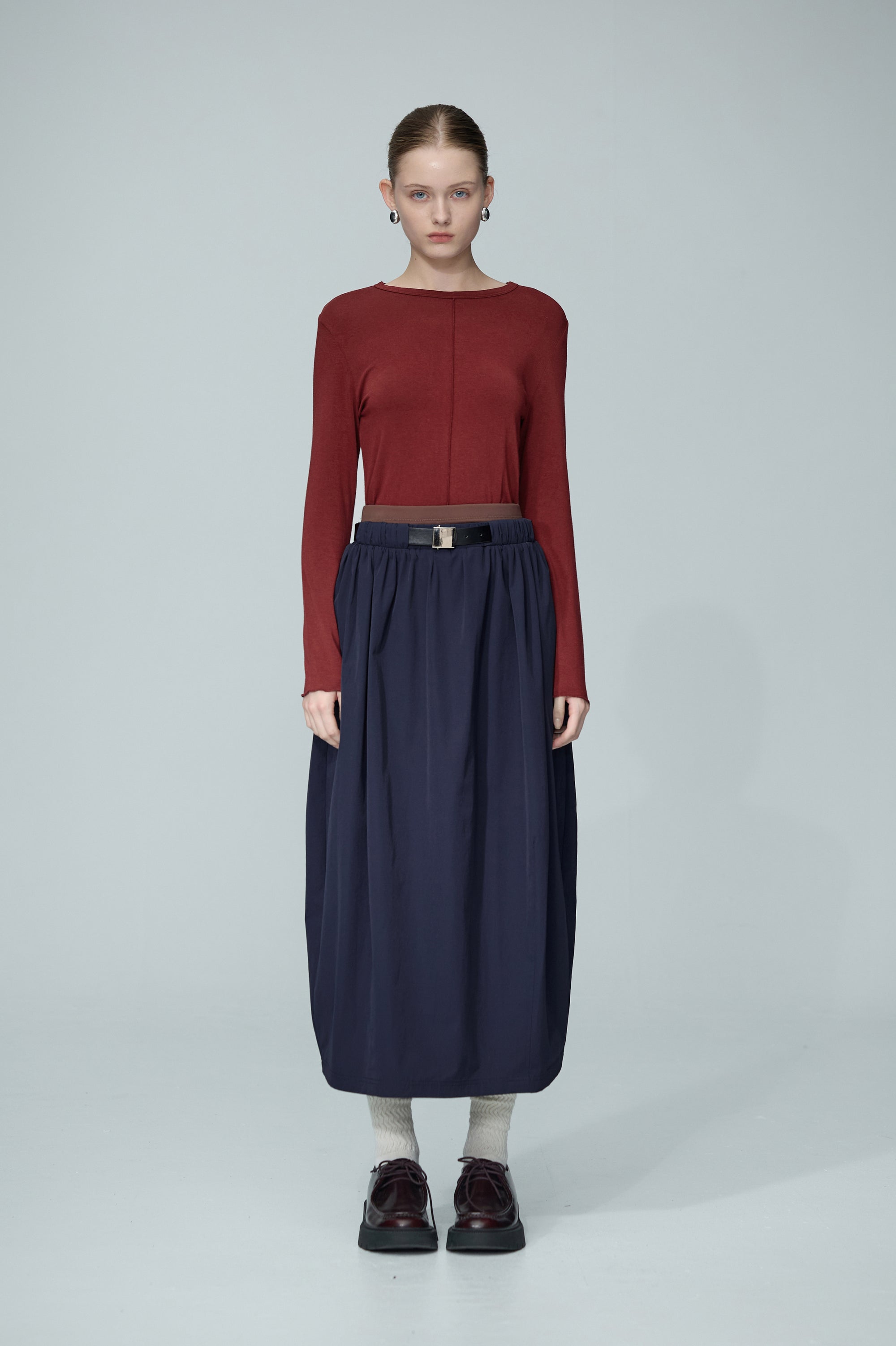 造型配色雙腰頭長裙(附造型皮帶)-藍色