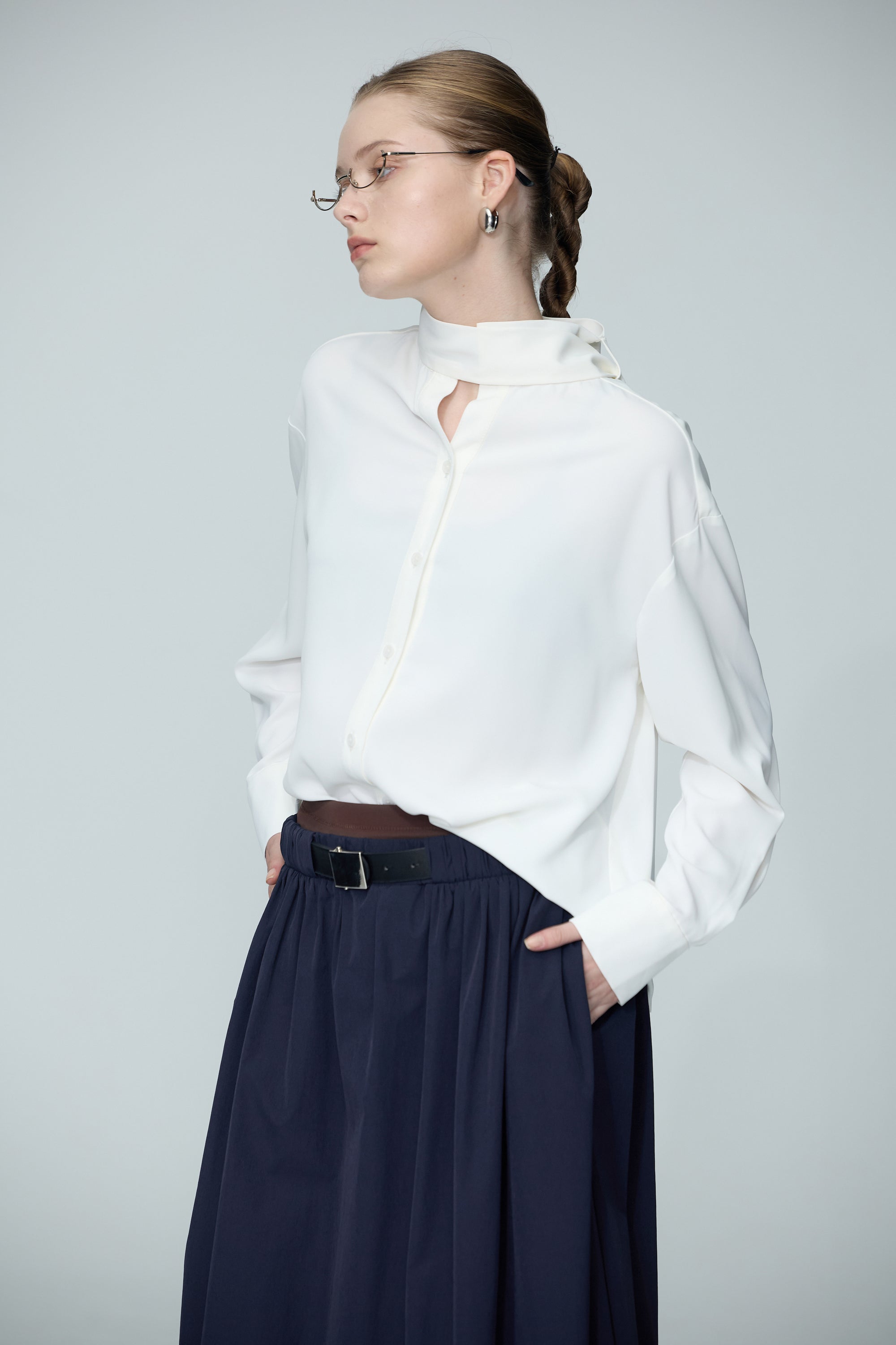 小立領繩結開襟上衣-白