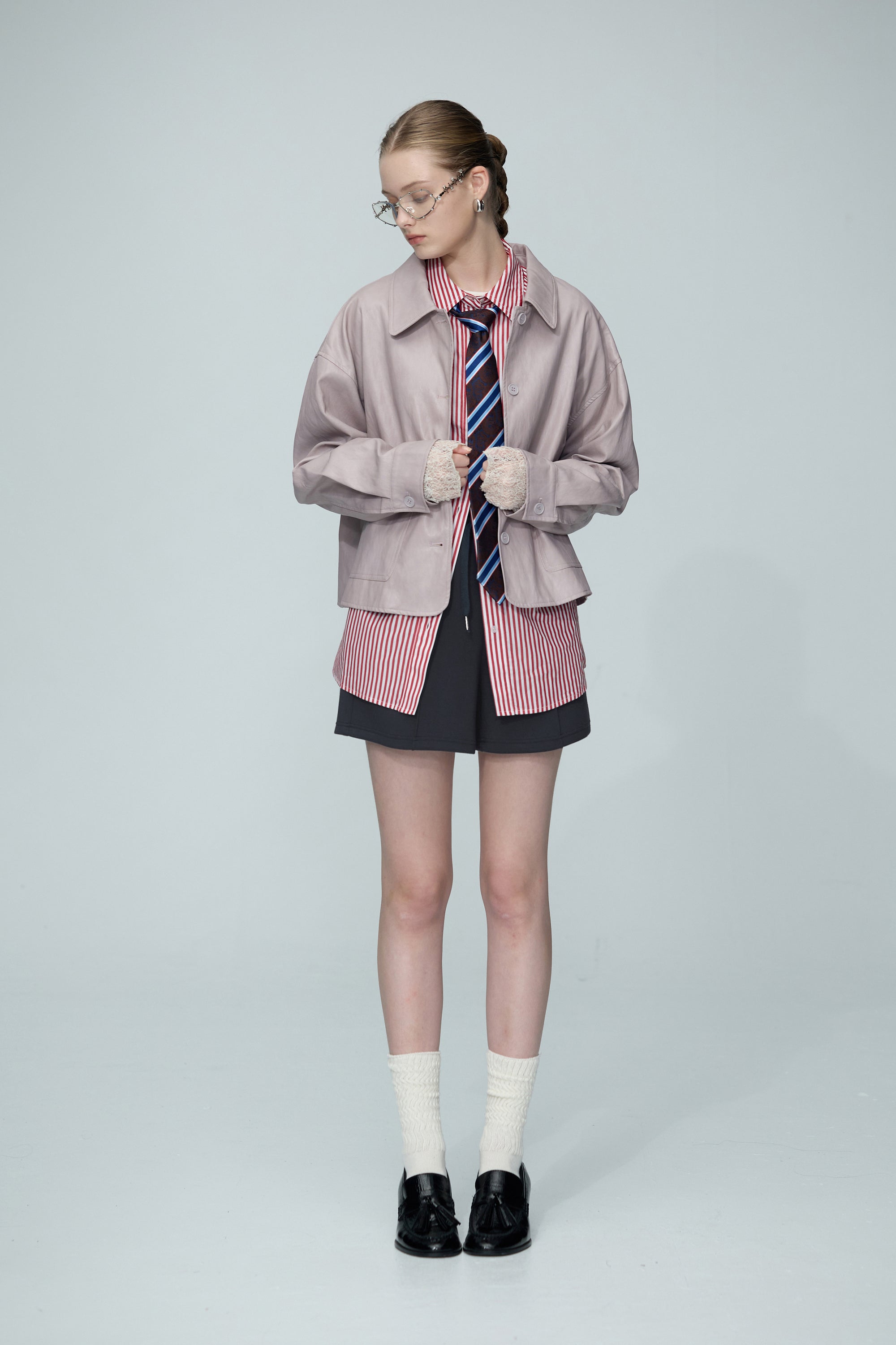 光澤質感皮革外套-粉