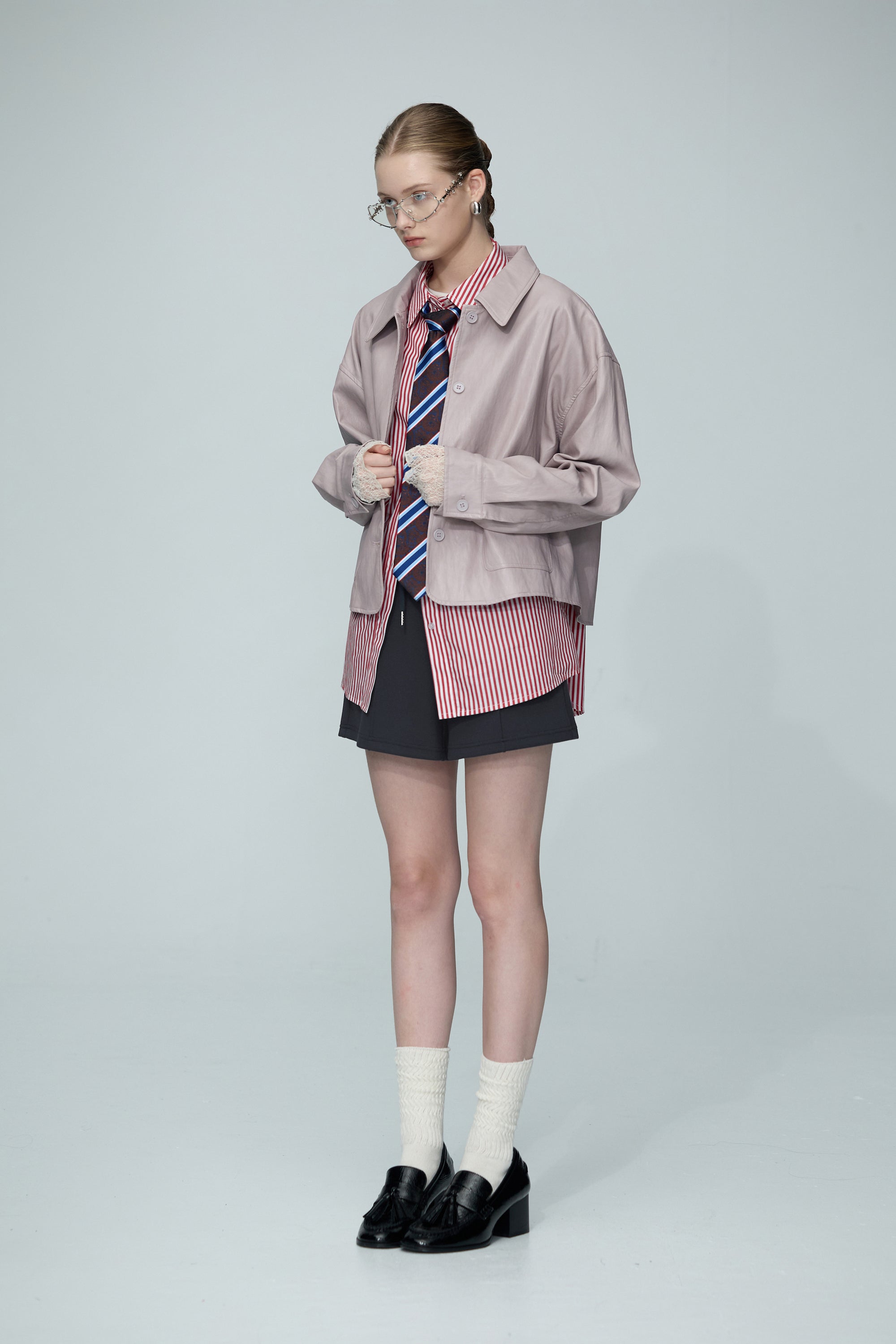 光澤質感皮革外套-粉