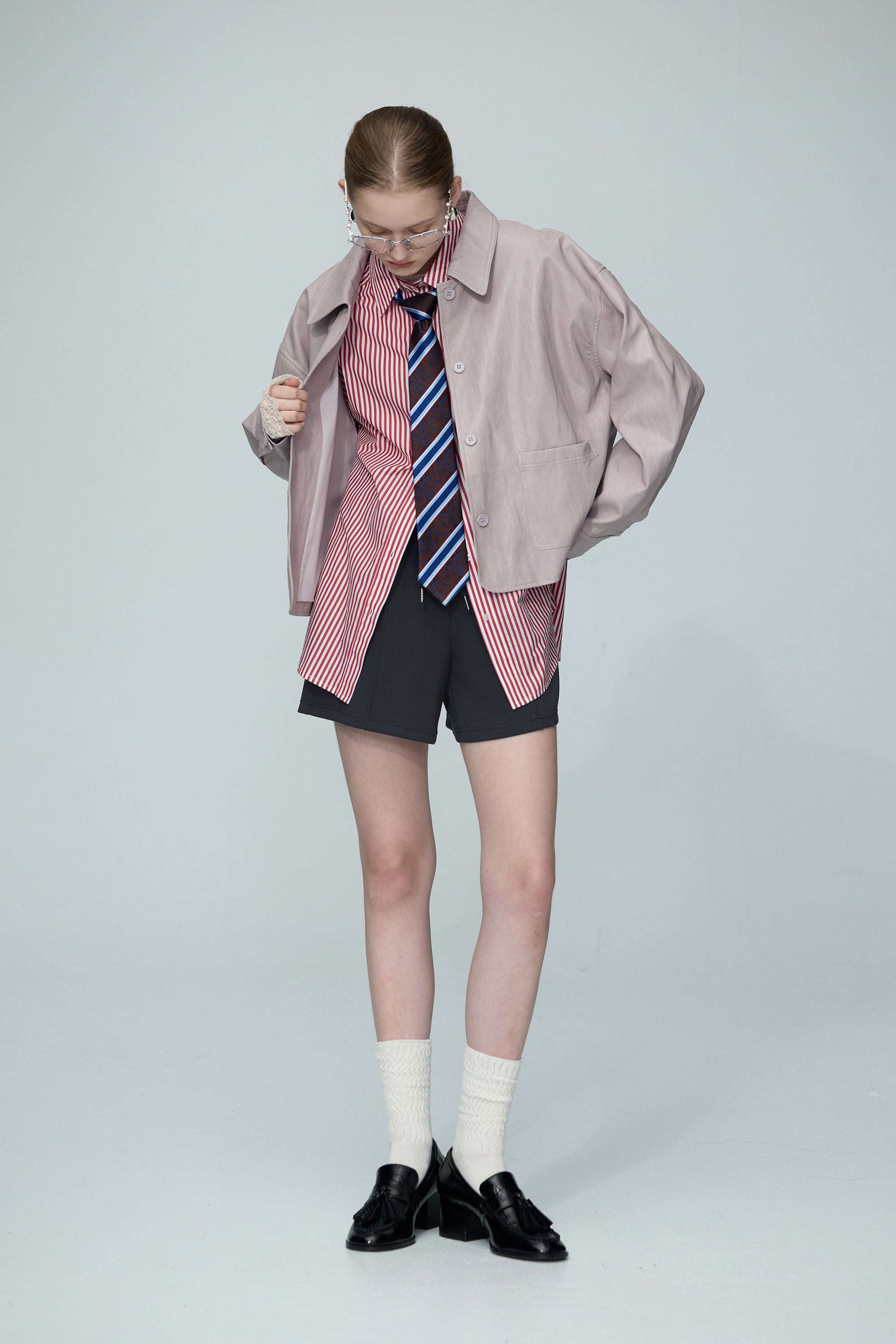 光澤質感皮革外套-粉