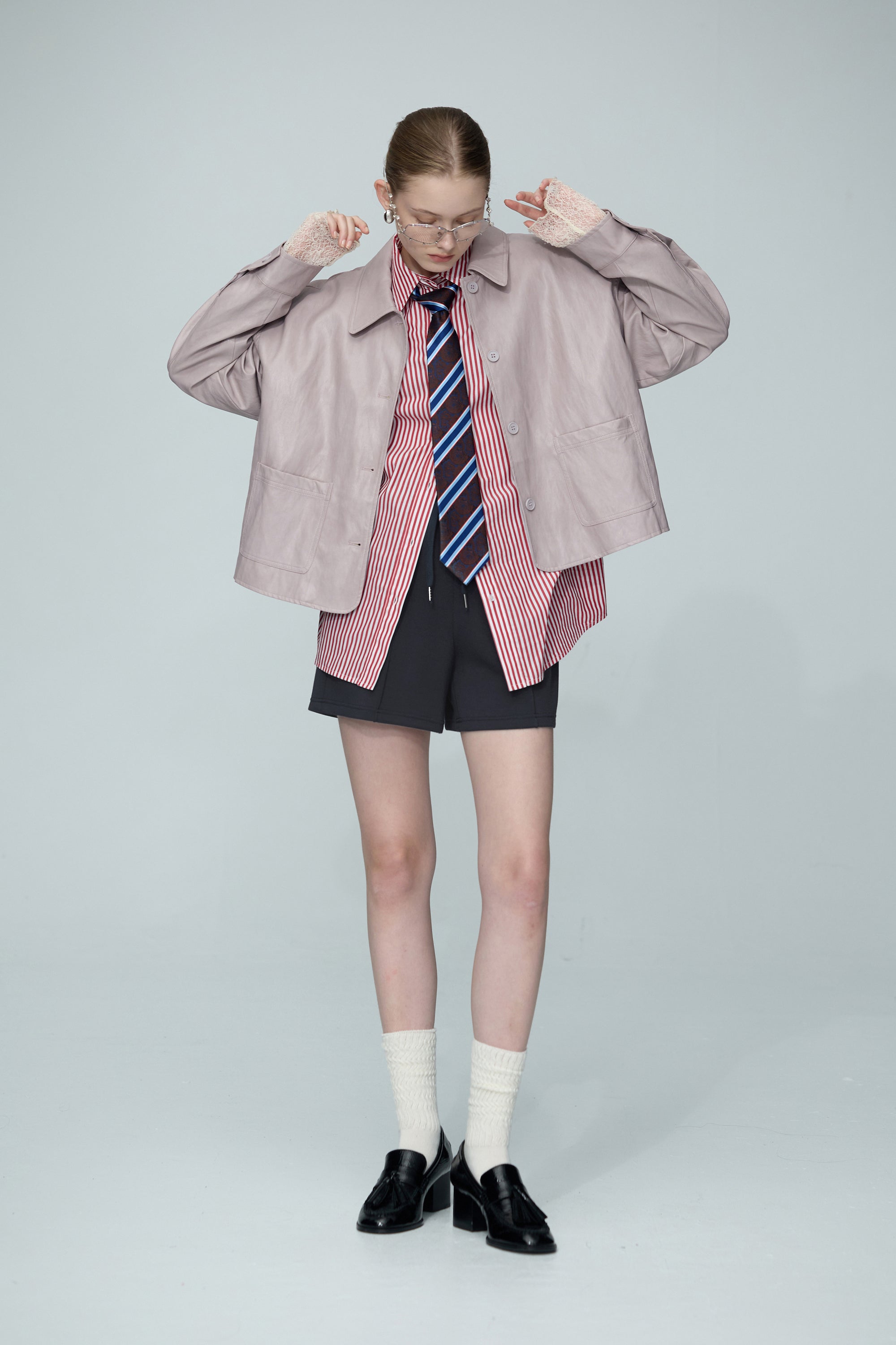 零感空氣棉車折拼接短褲(附造型綁帶)-藍色