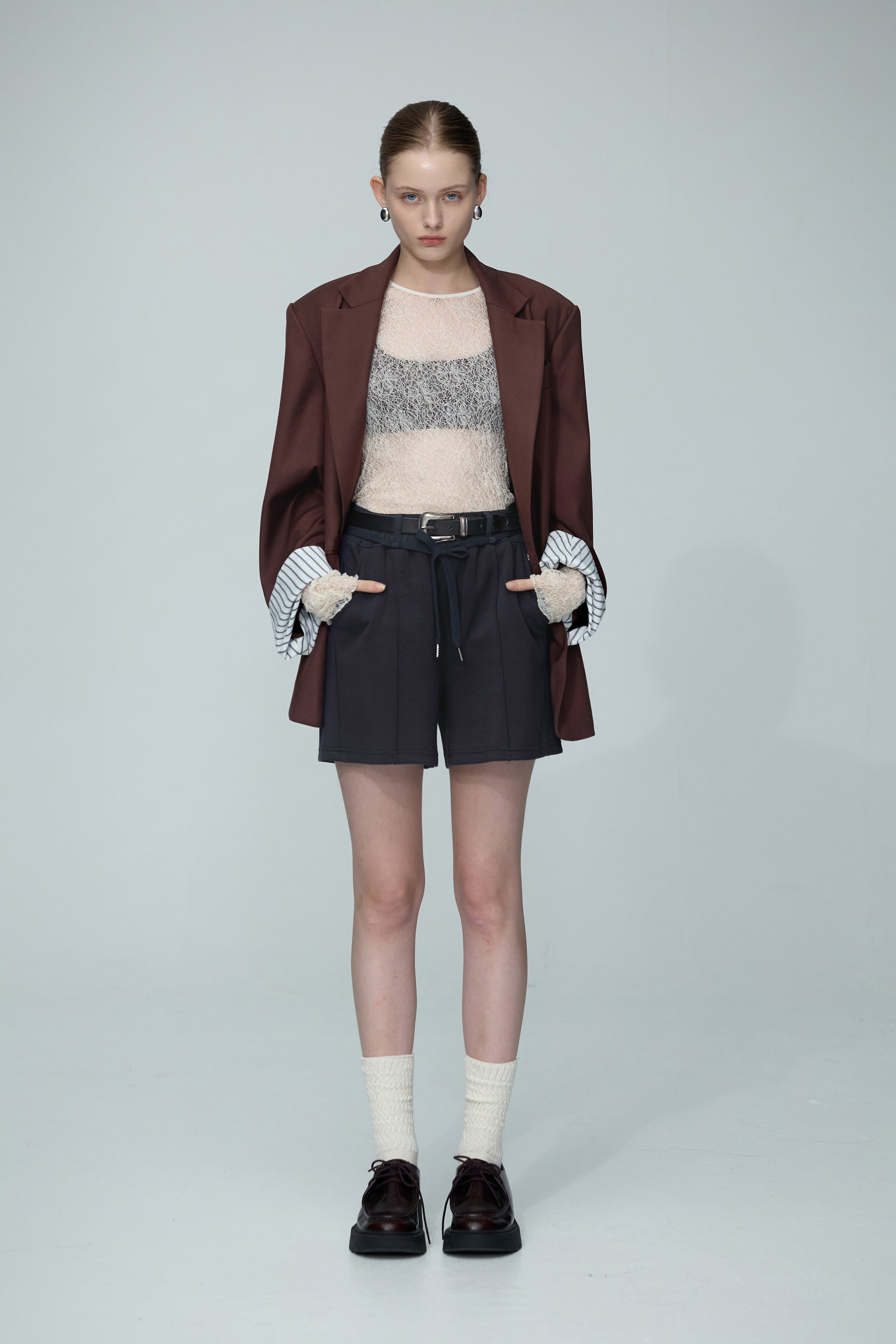 零感空氣棉車折拼接短褲(附造型綁帶)-藍色