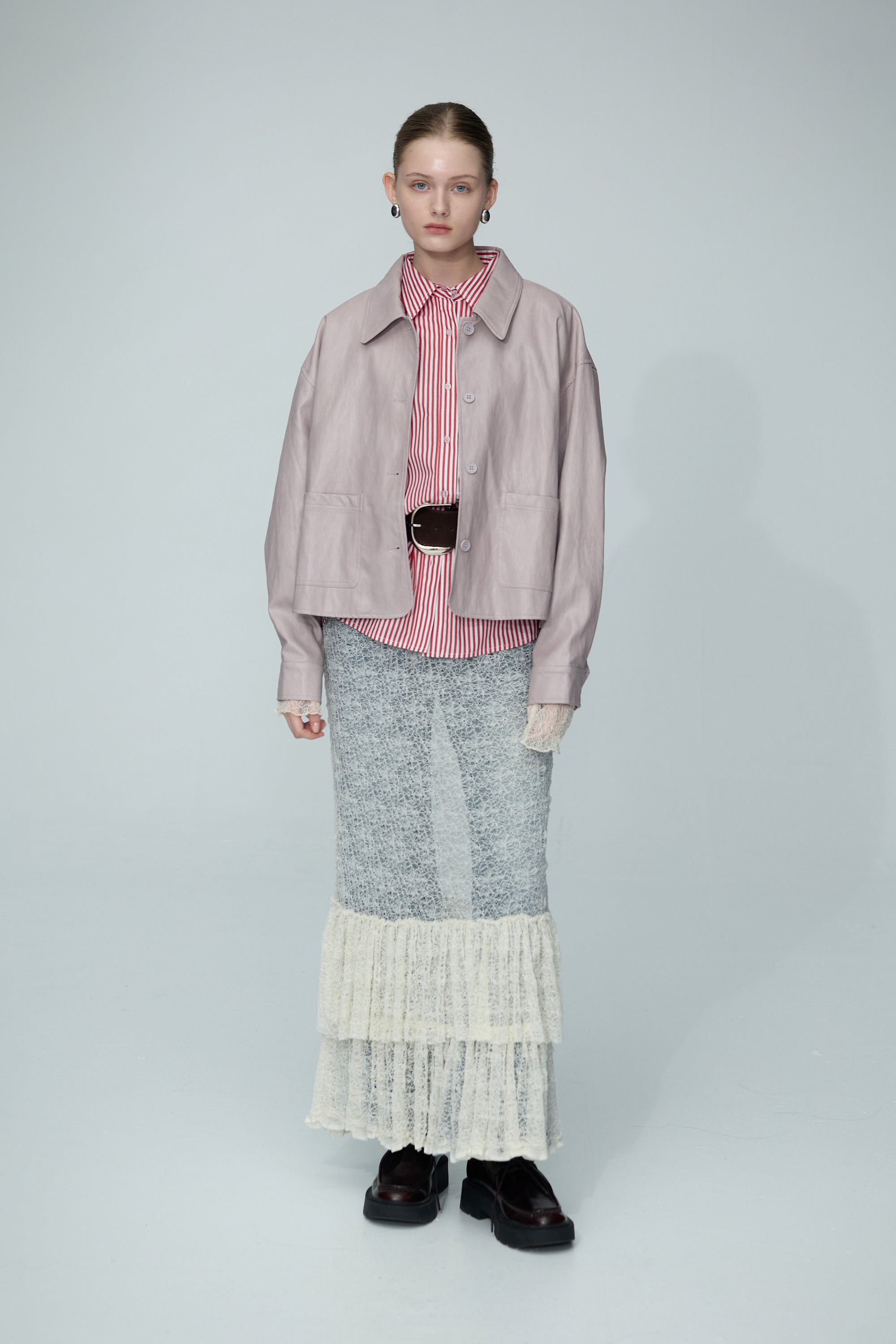 立體蕾絲紋理魚尾荷葉長裙-杏