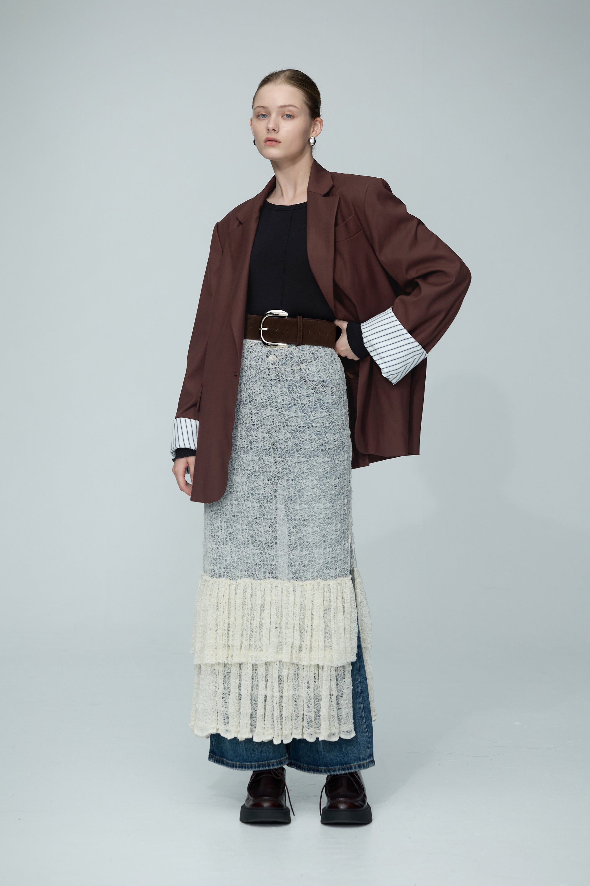 刷色水洗丹寧小喇叭褲-藍色