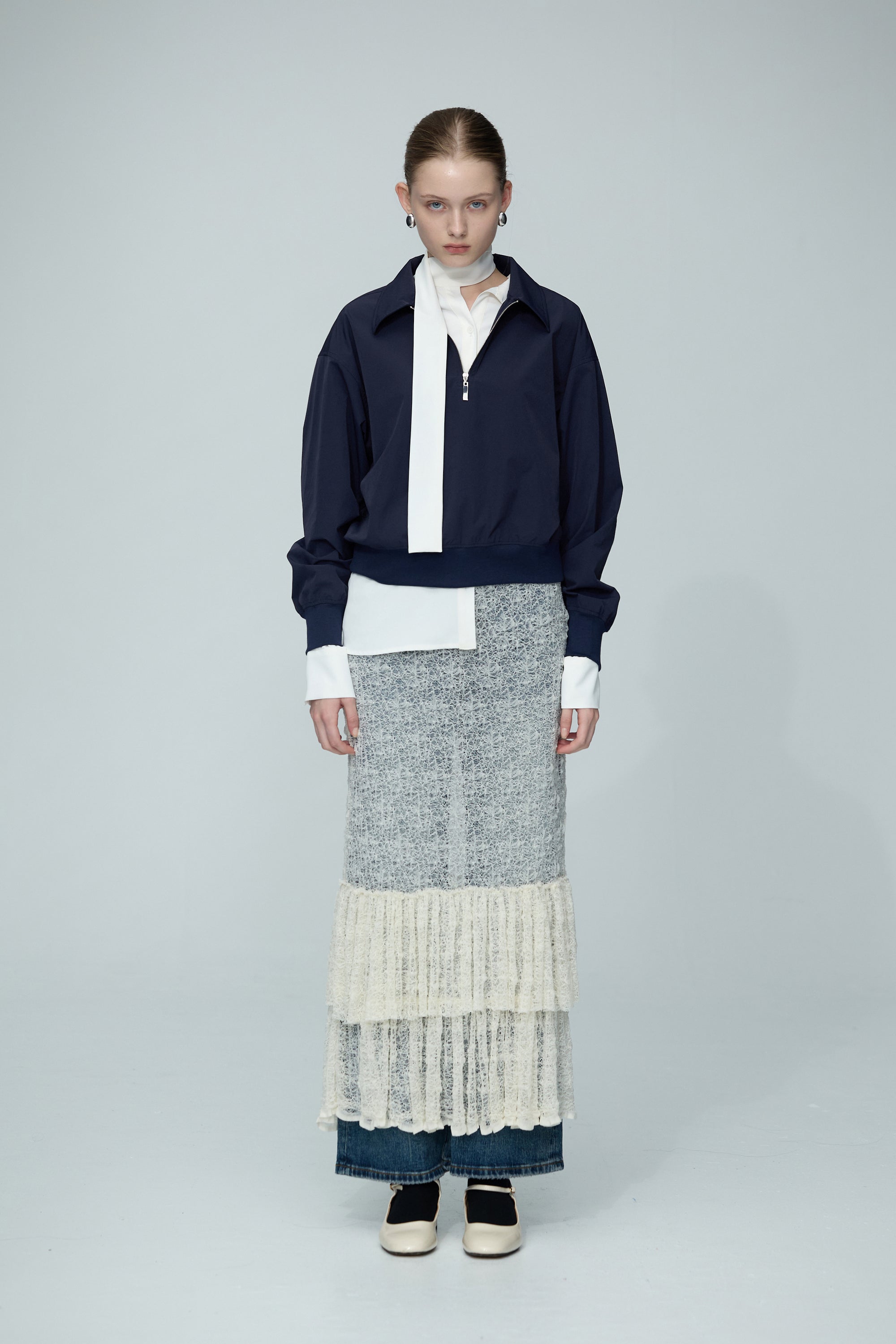 小立領繩結開襟上衣-白