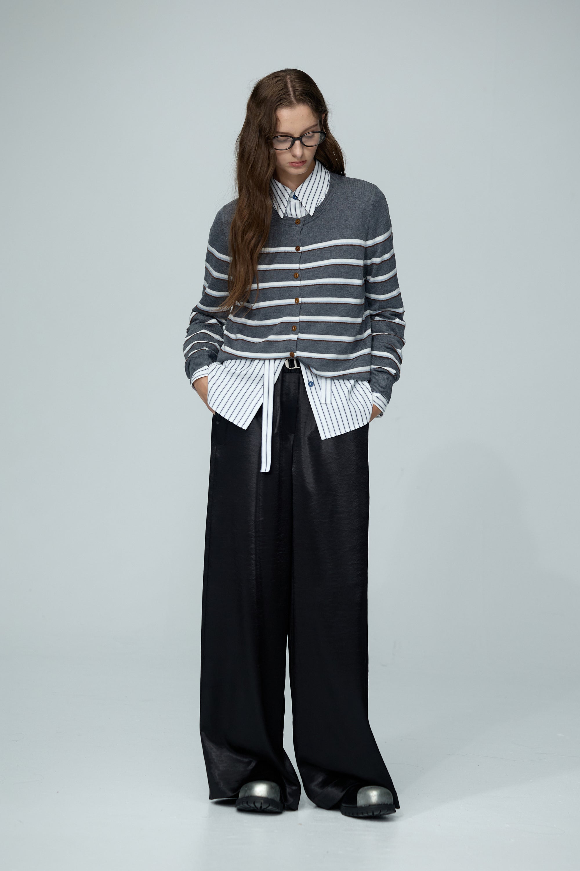 綁帶造型直條襯衫(附綁帶)-藍白條