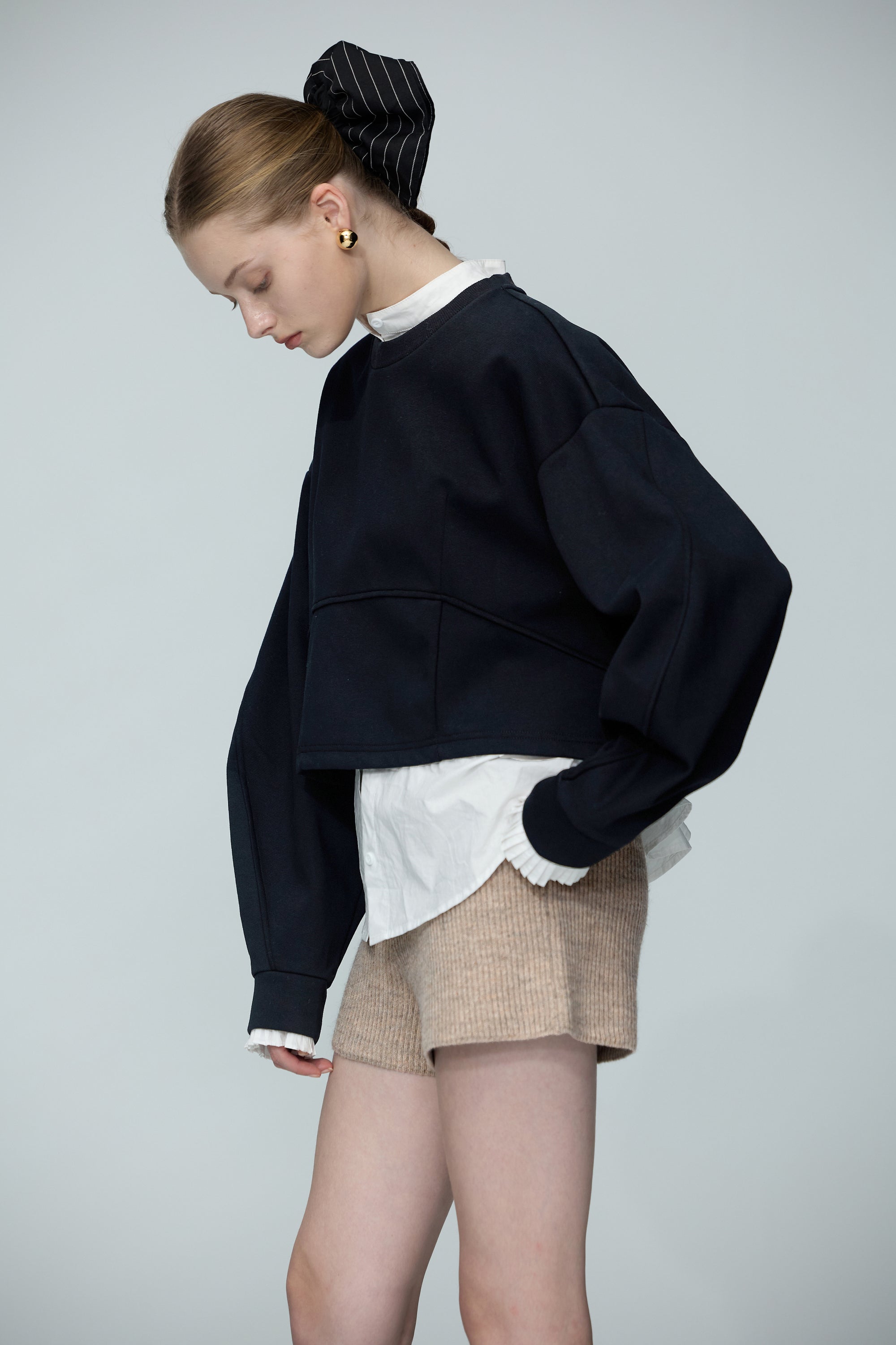 直條織紋針織短褲-駝色