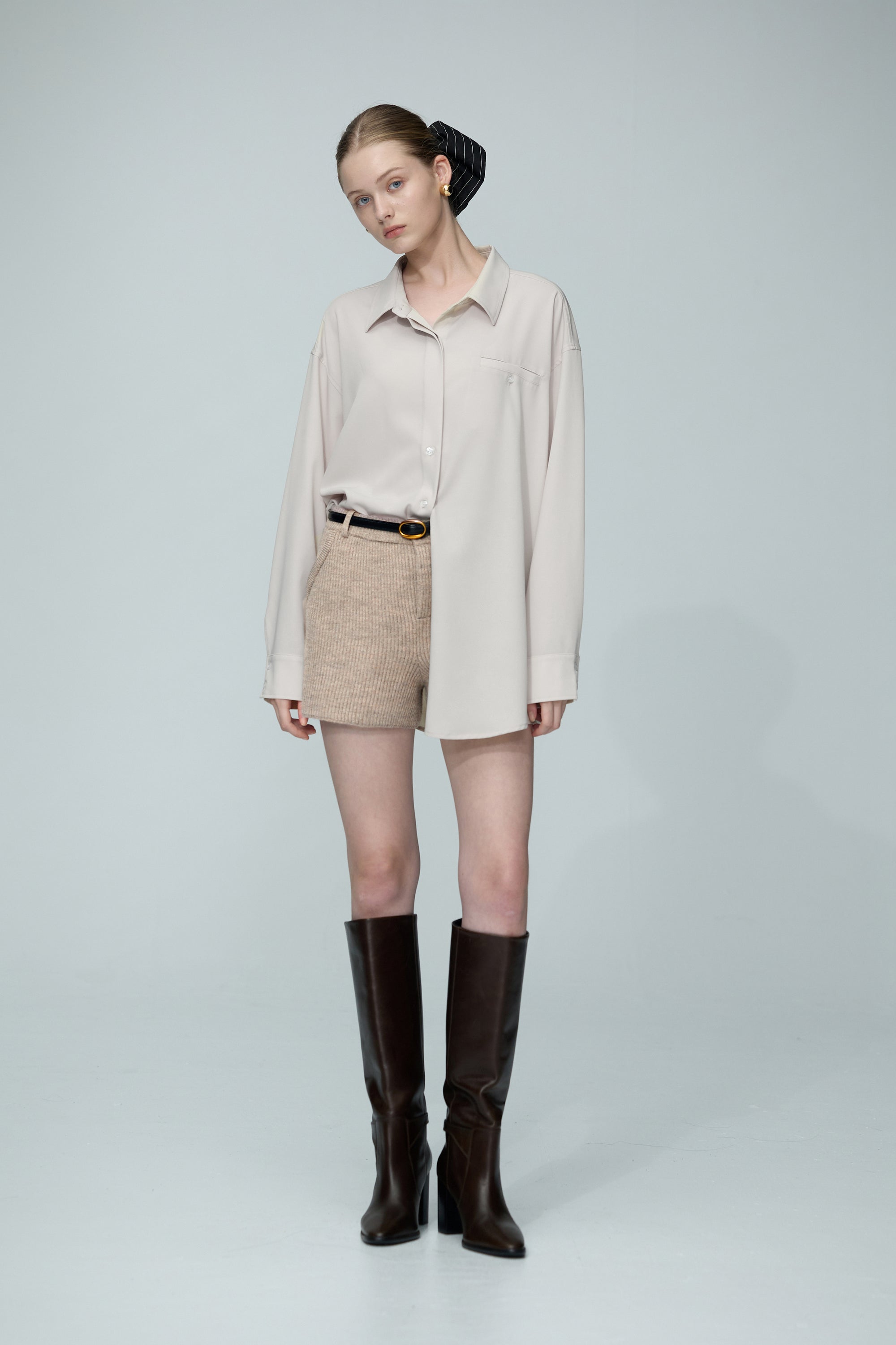 直條織紋針織短褲-駝色