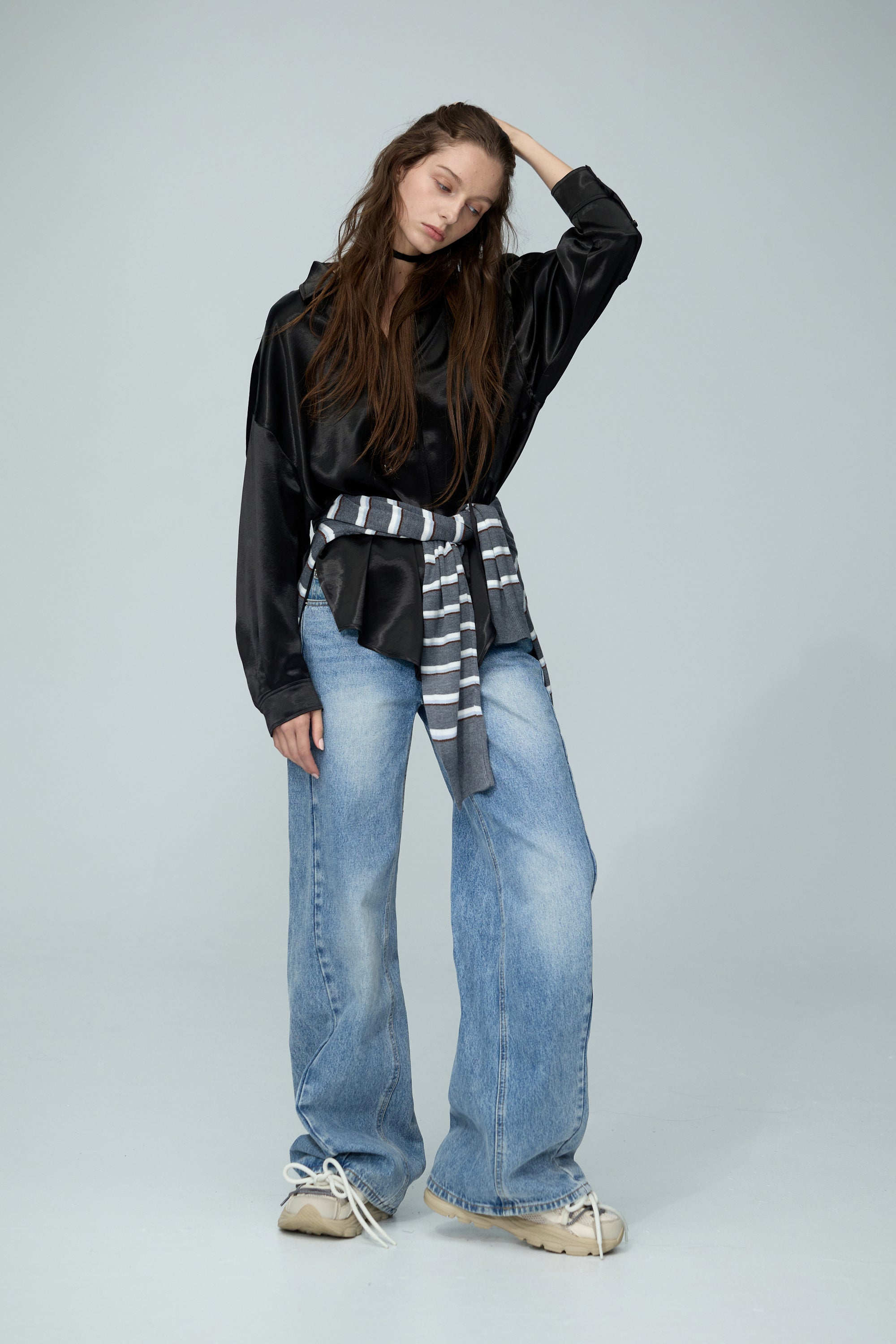 刷色低腰丹寧直筒褲-藍色