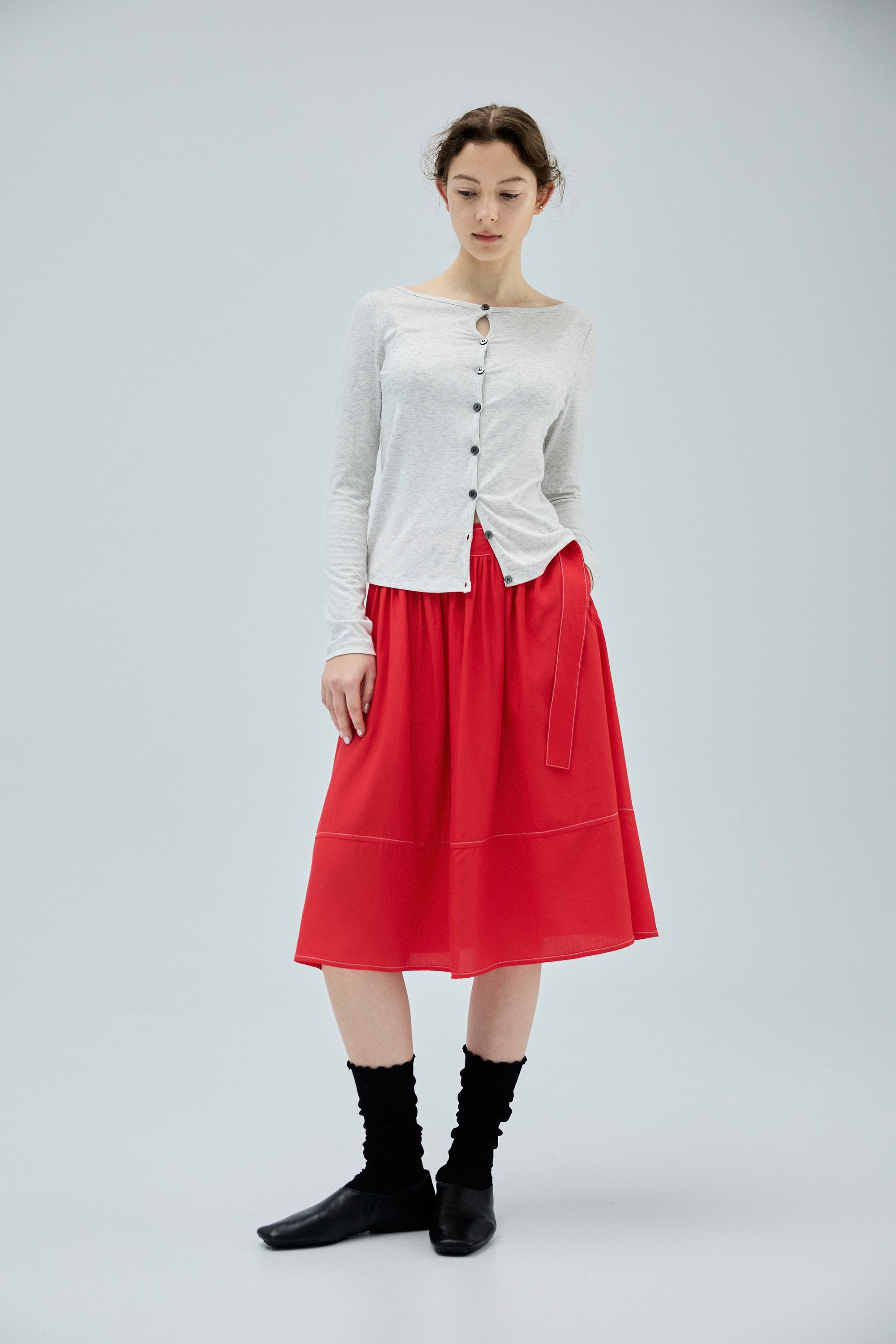 低腰造型腰環A-LINE中長裙-紅色