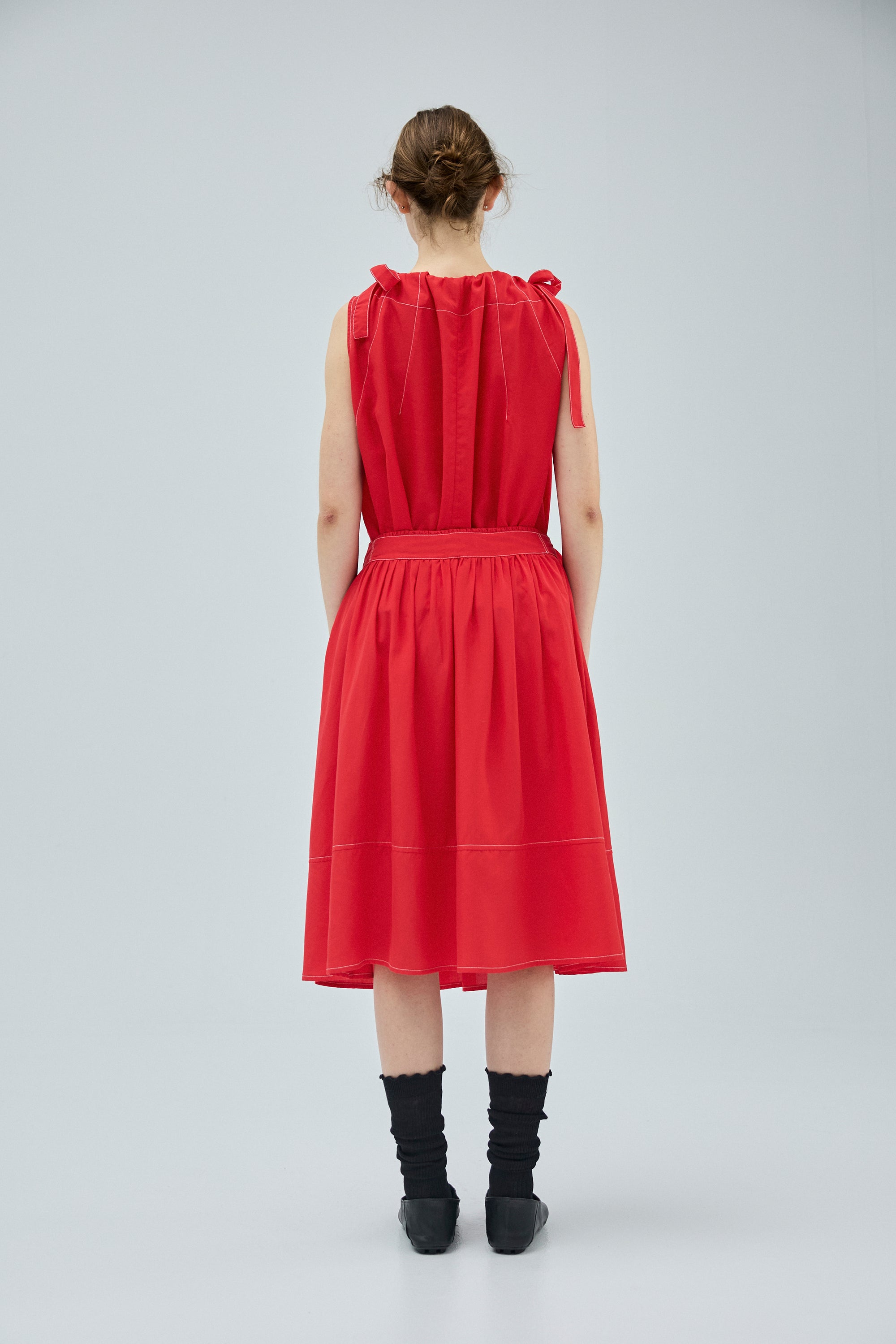 低腰造型腰環A-LINE中長裙-紅色