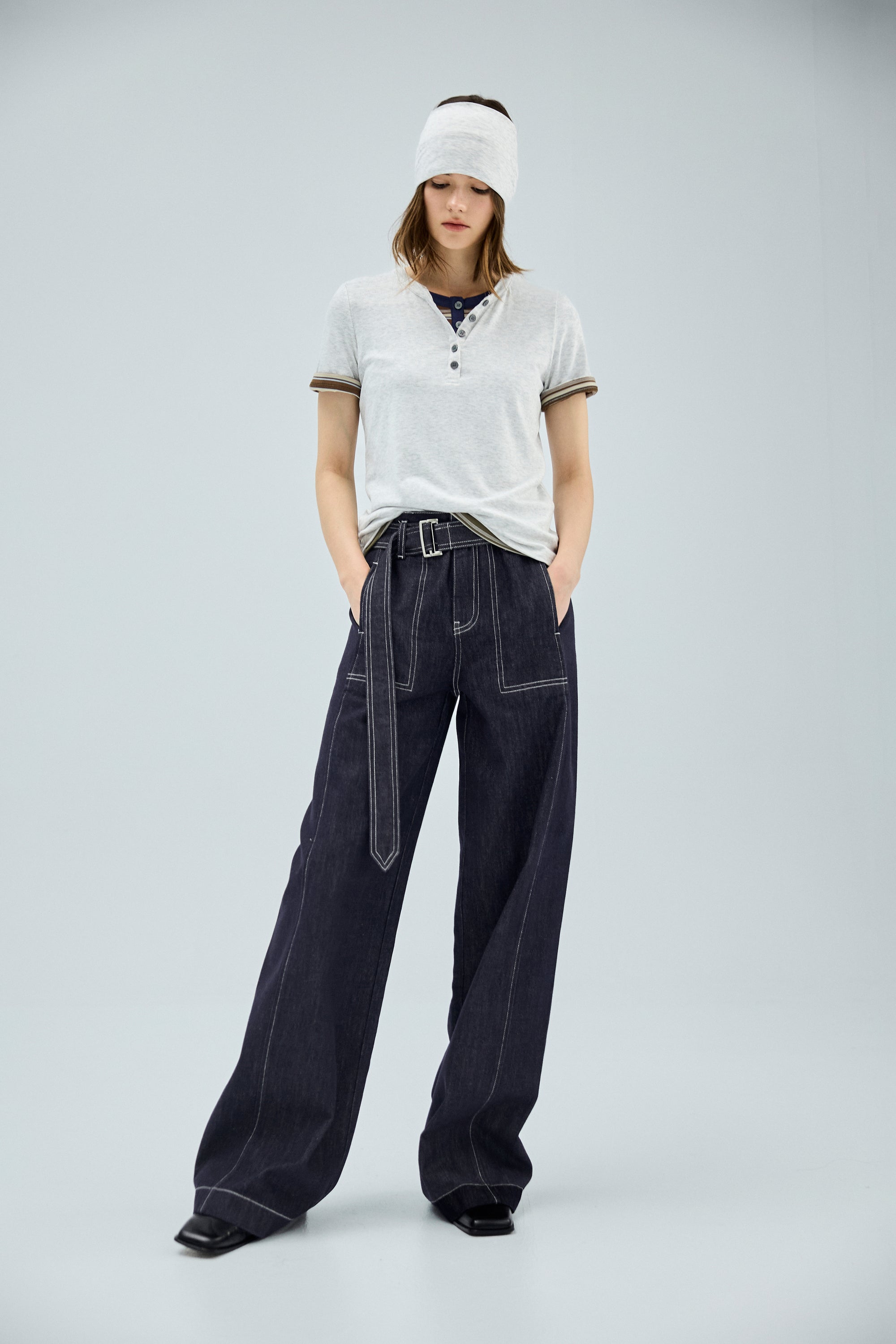 配色壓線丹寧牛仔寬褲(附腰帶)-藏青