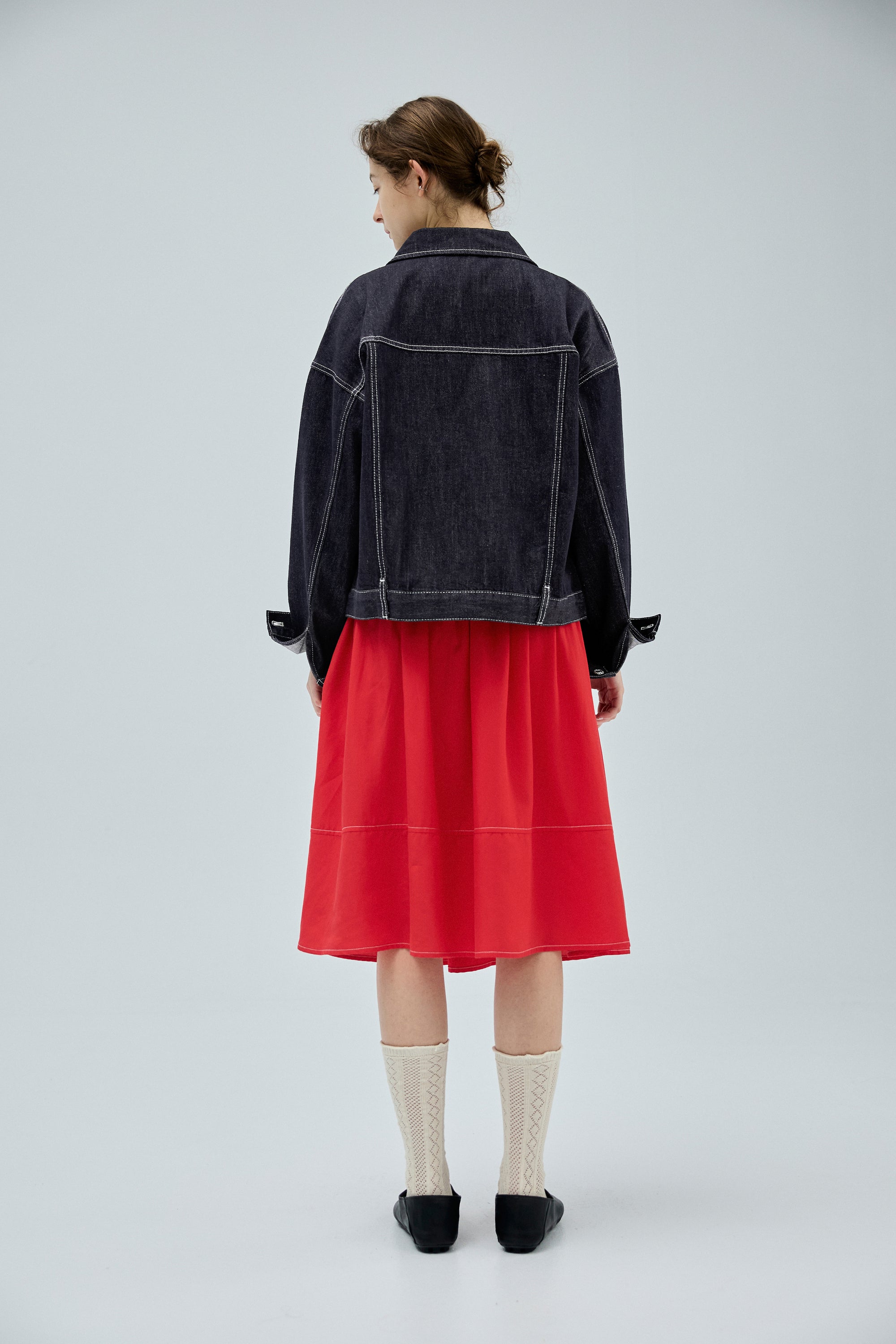 落肩配色壓線丹寧牛仔外套-藏青