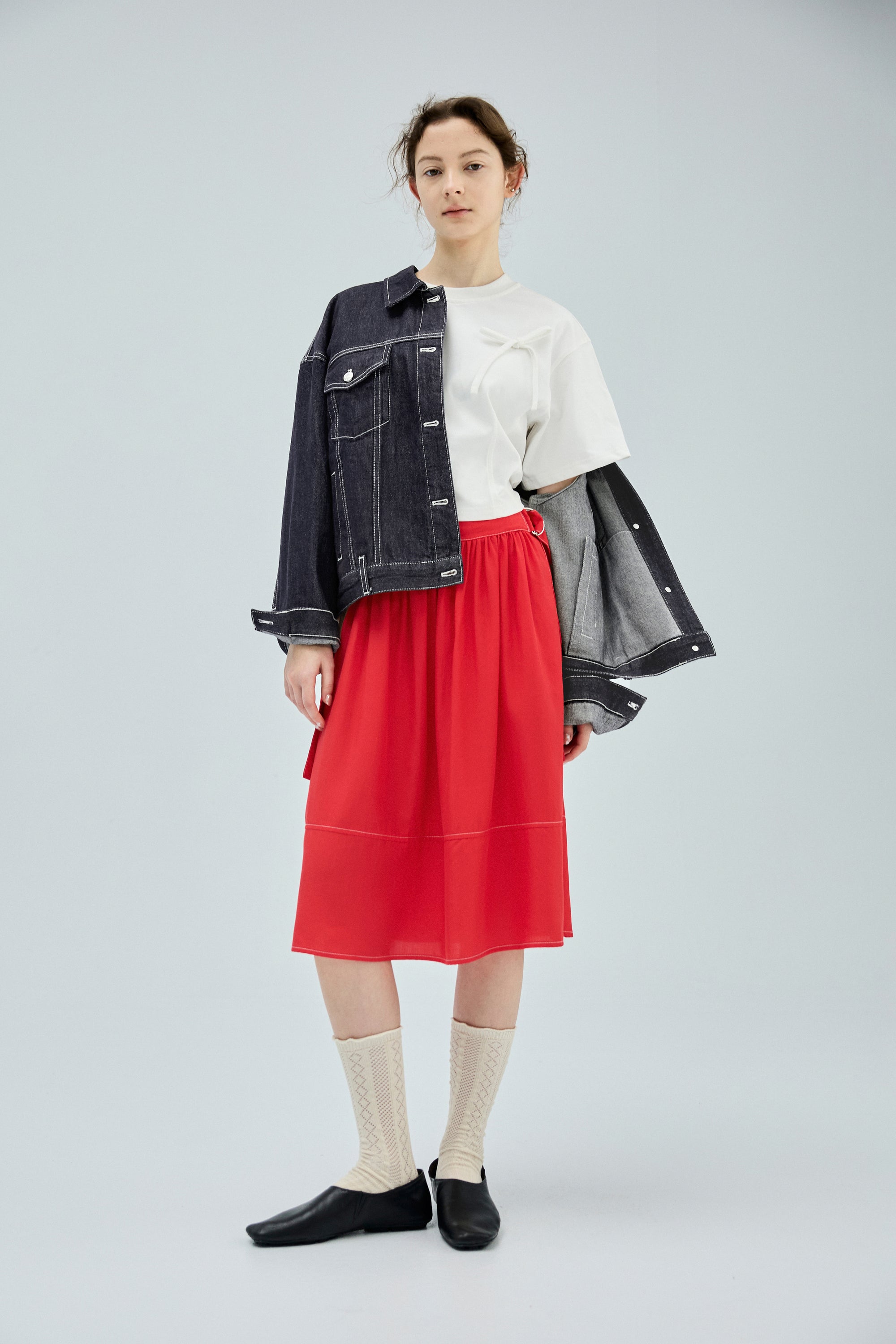 落肩配色壓線丹寧牛仔外套-藏青