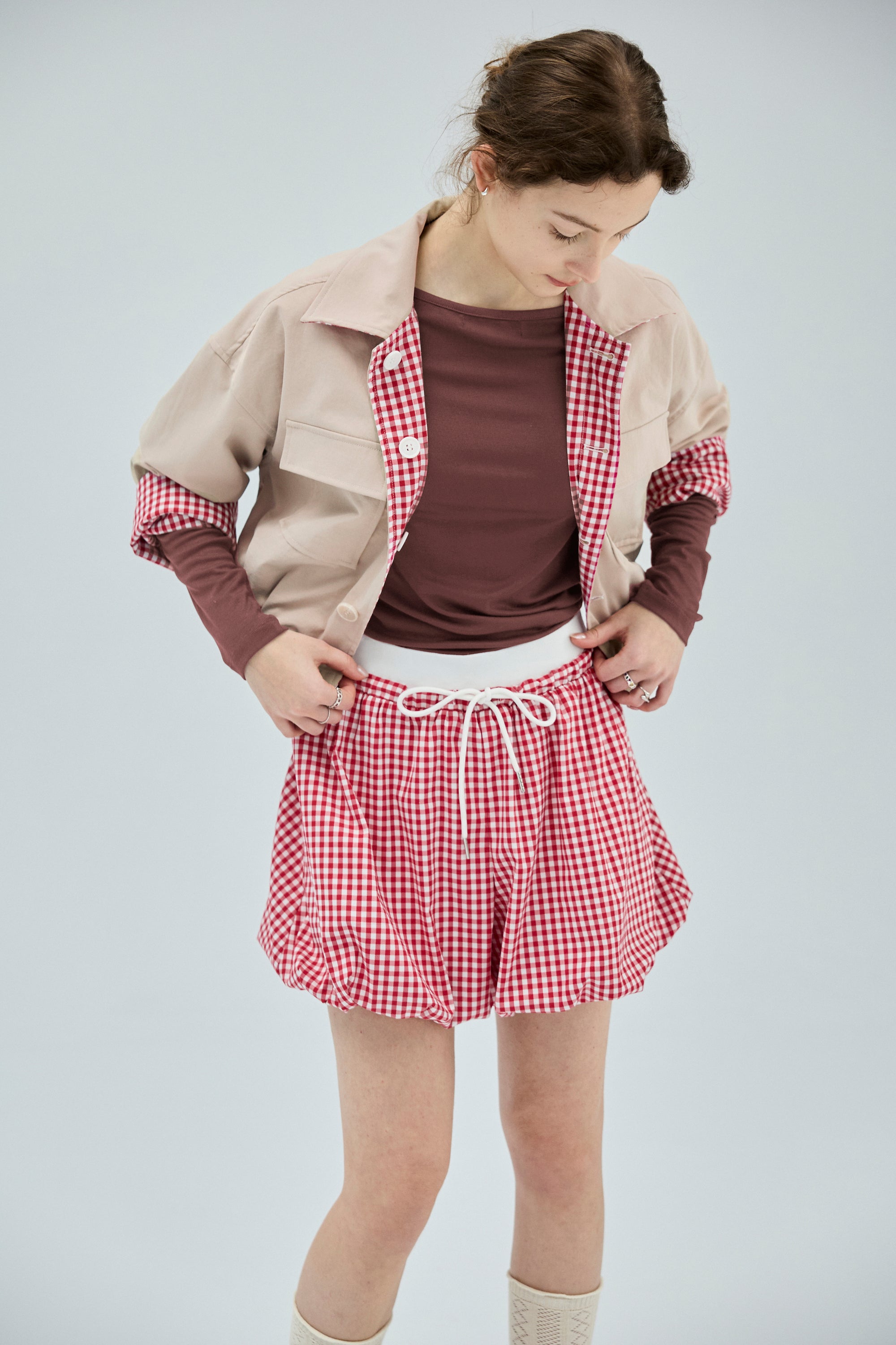 格紋短版雙面穿外套-紅色