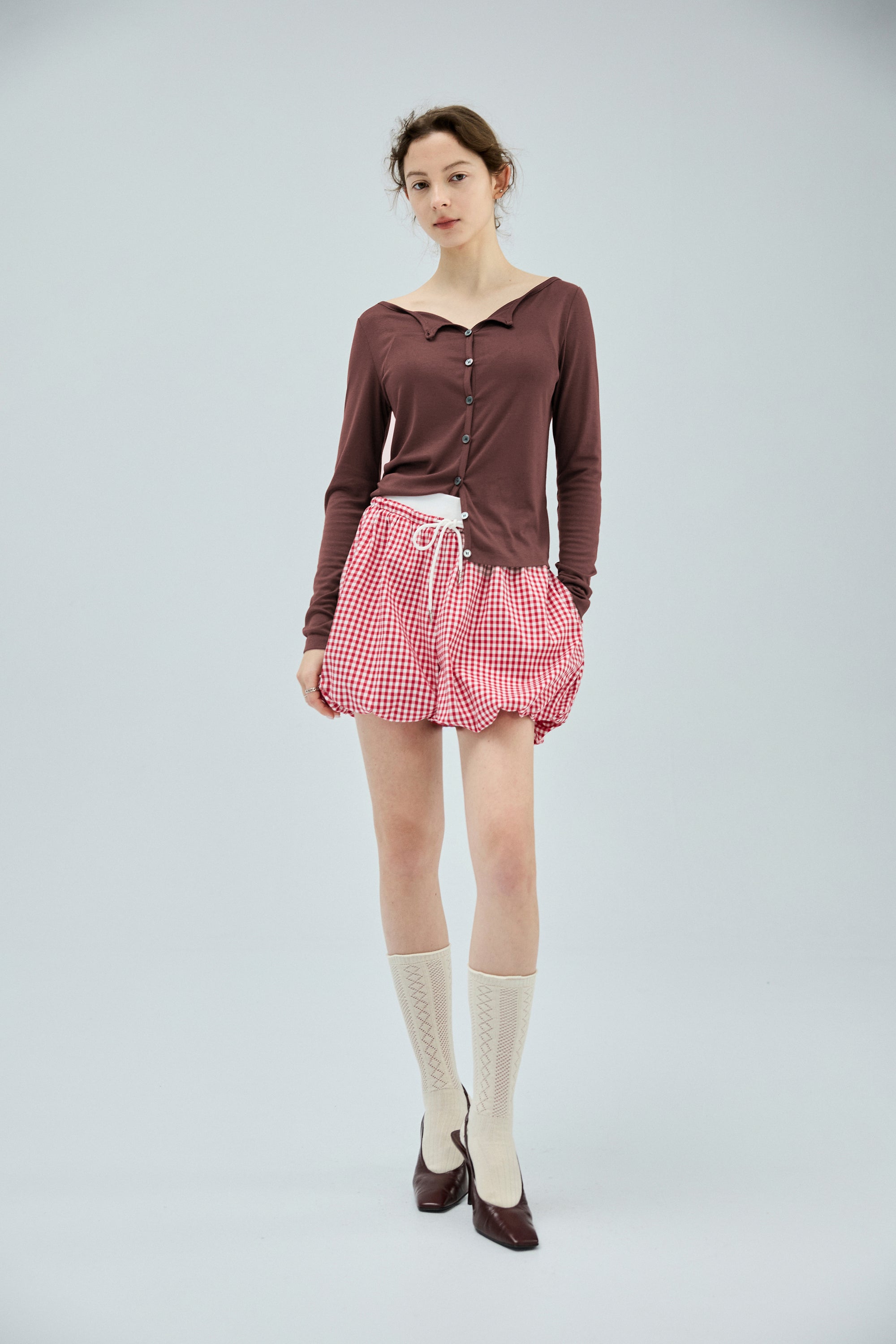 假兩件格紋花苞裙褲(附綁帶)-紅色