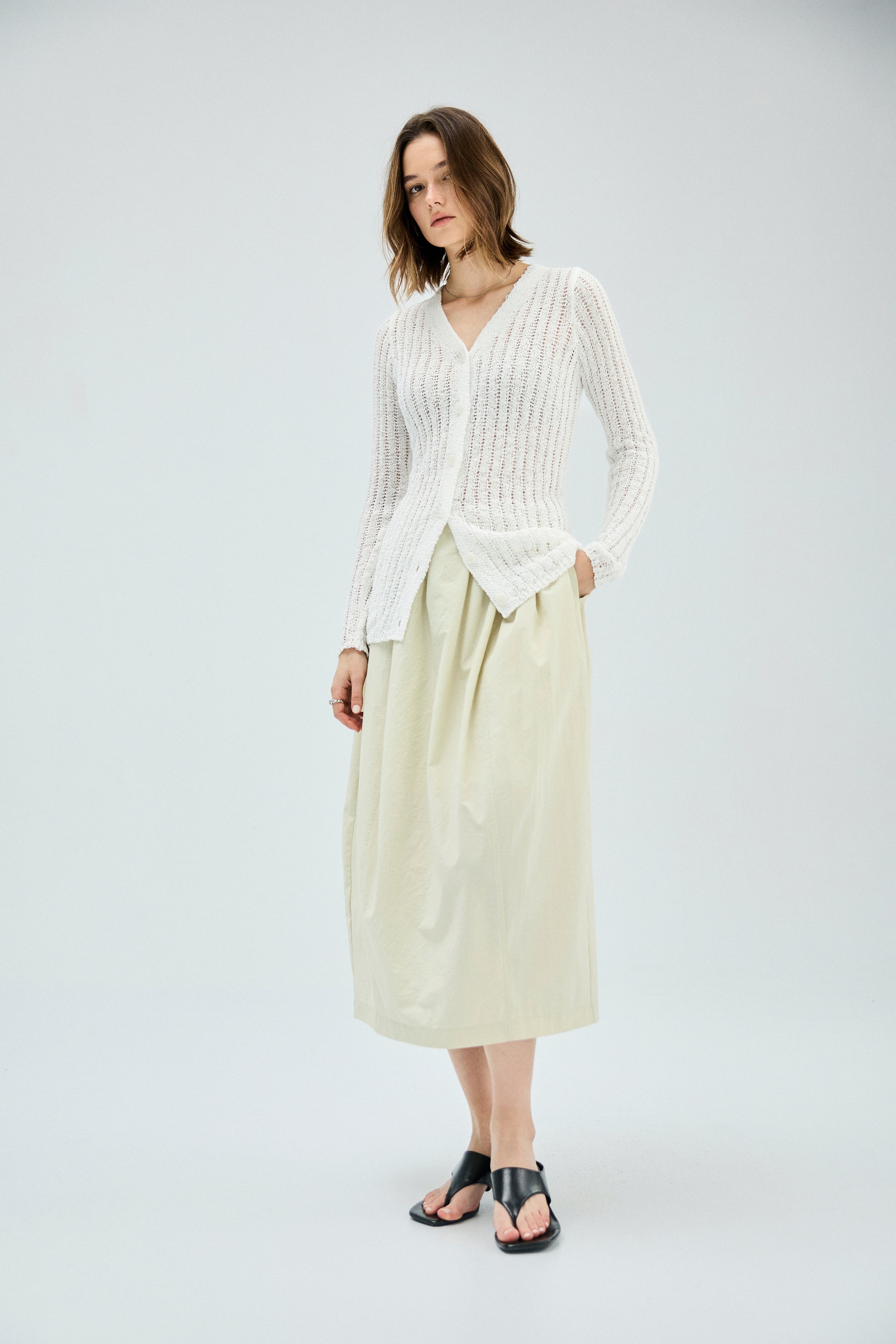 自然紋理面料鬆緊腰抓褶蓬蓬花苞裙-綠色