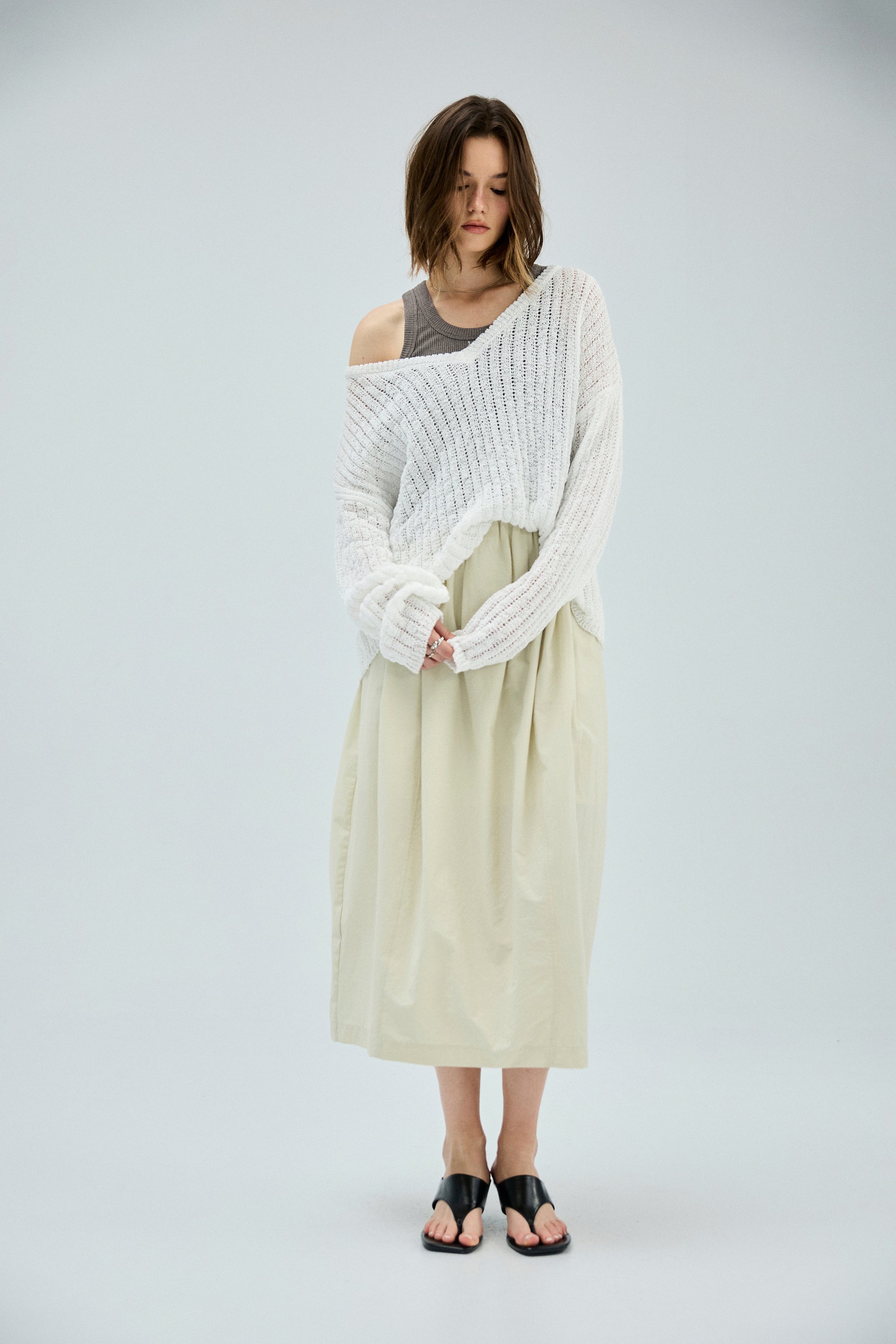 自然紋理面料鬆緊腰抓褶蓬蓬花苞裙-綠色