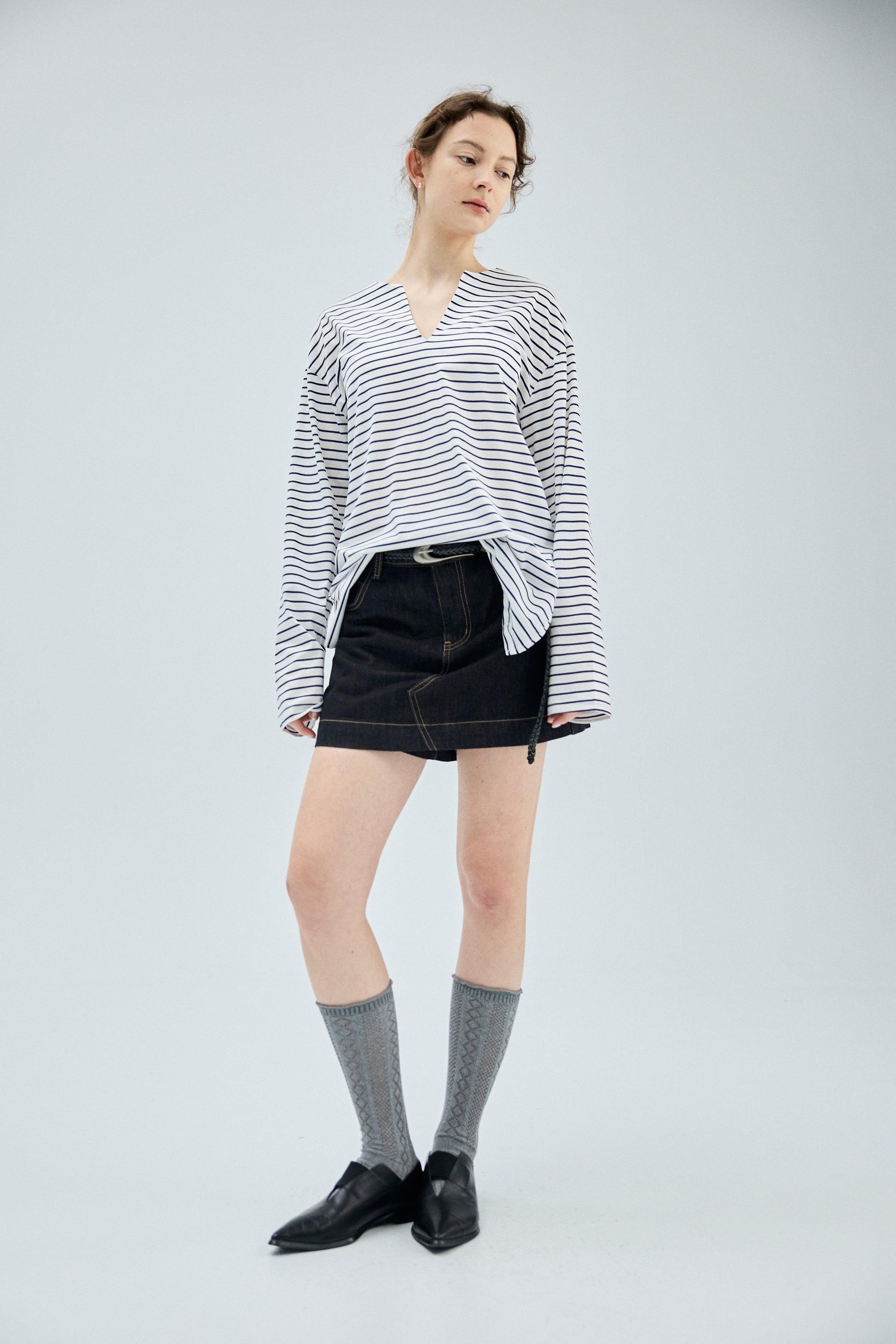 牛皮編織細長橢圓腰頭腰帶-黑