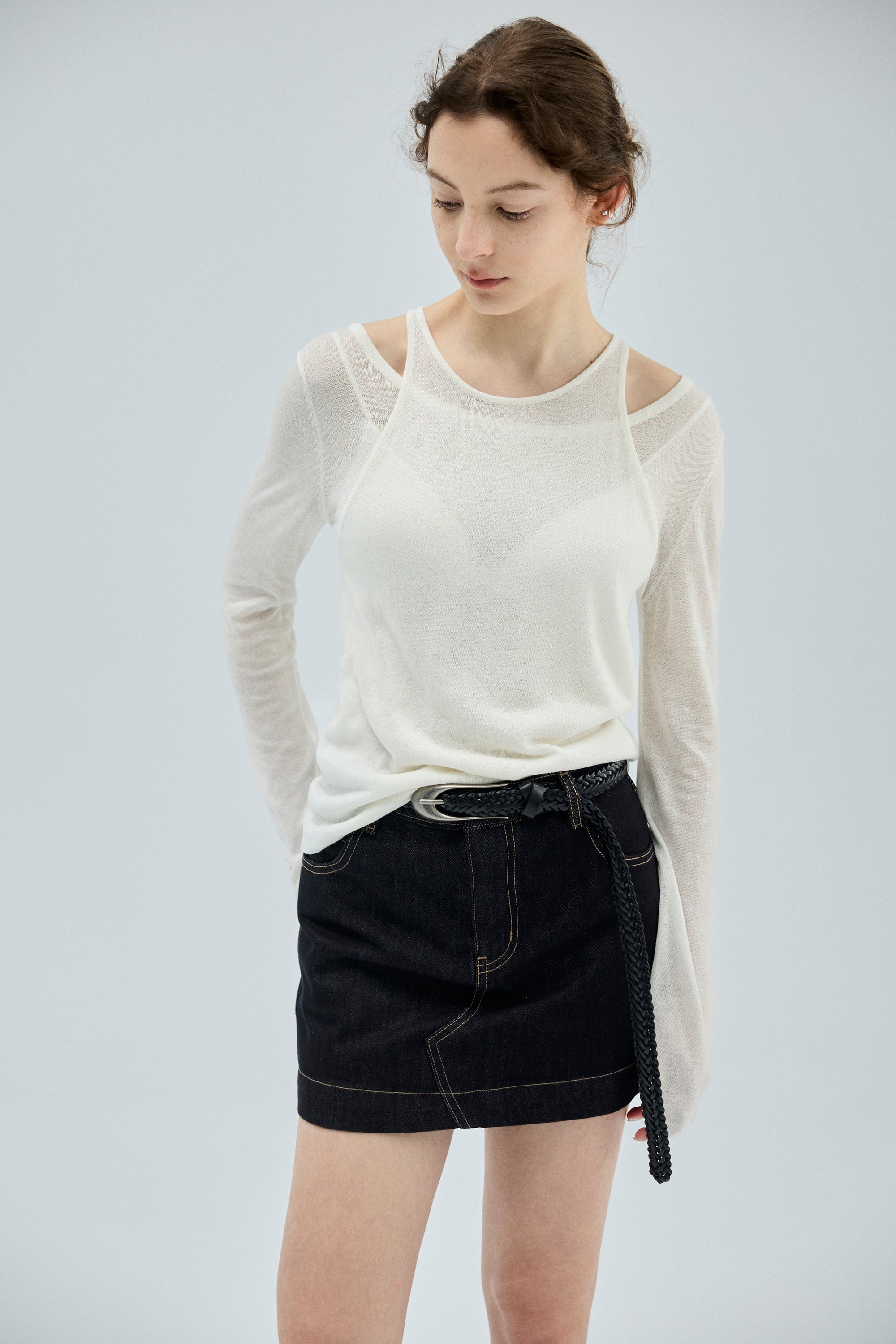 牛皮編織細長橢圓腰頭腰帶-黑