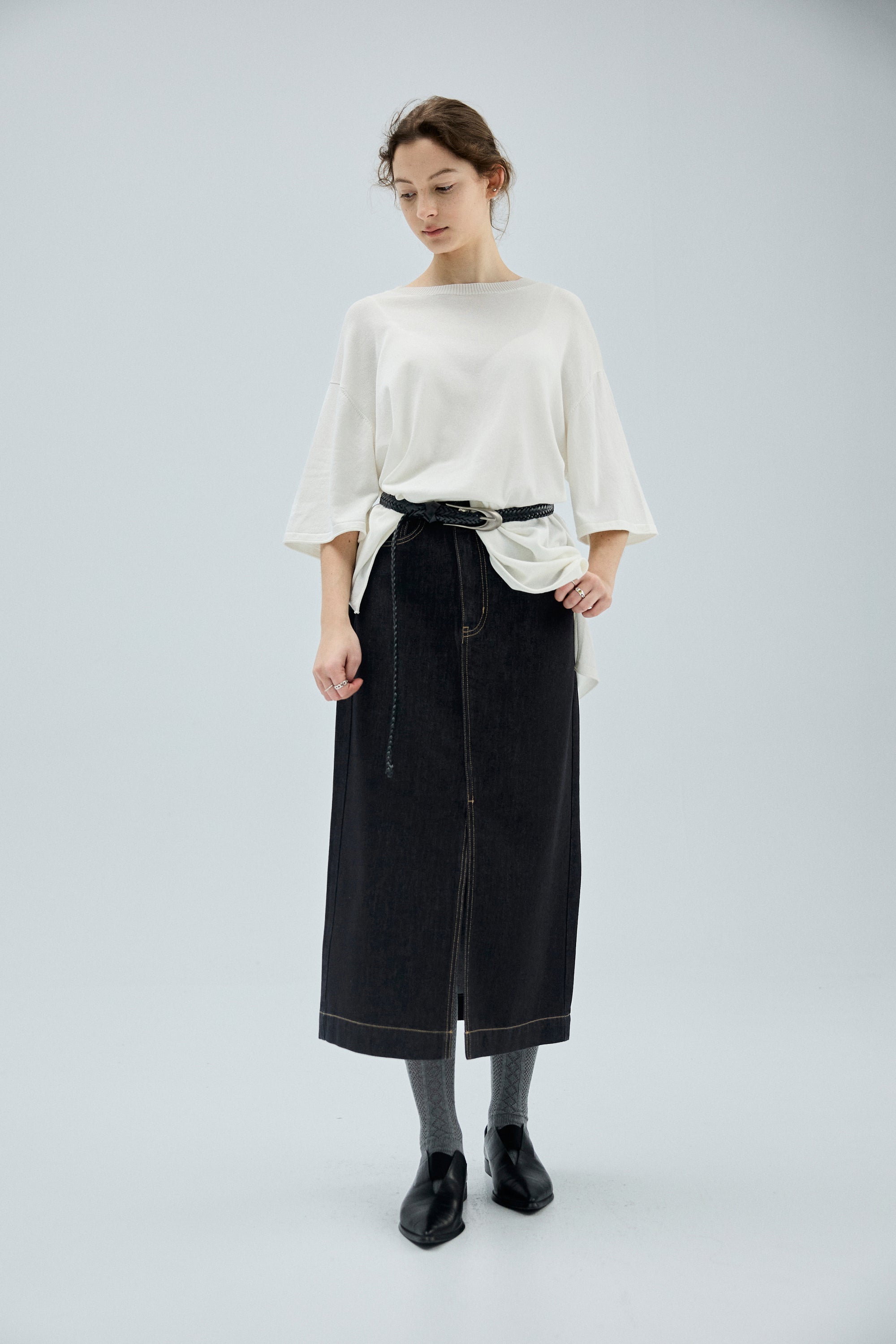 牛皮編織細長橢圓腰頭腰帶-黑