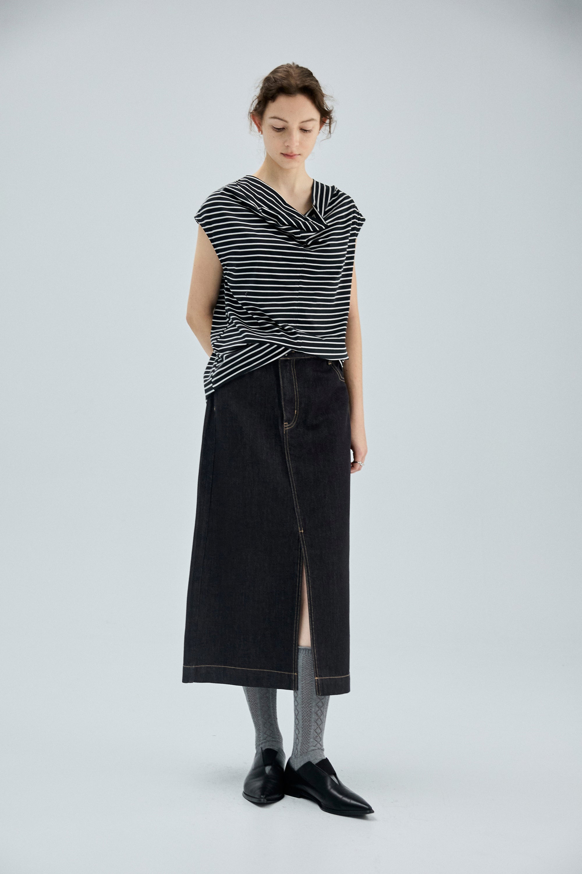 斜門襟開叉配色壓線丹寧牛仔長裙-黑