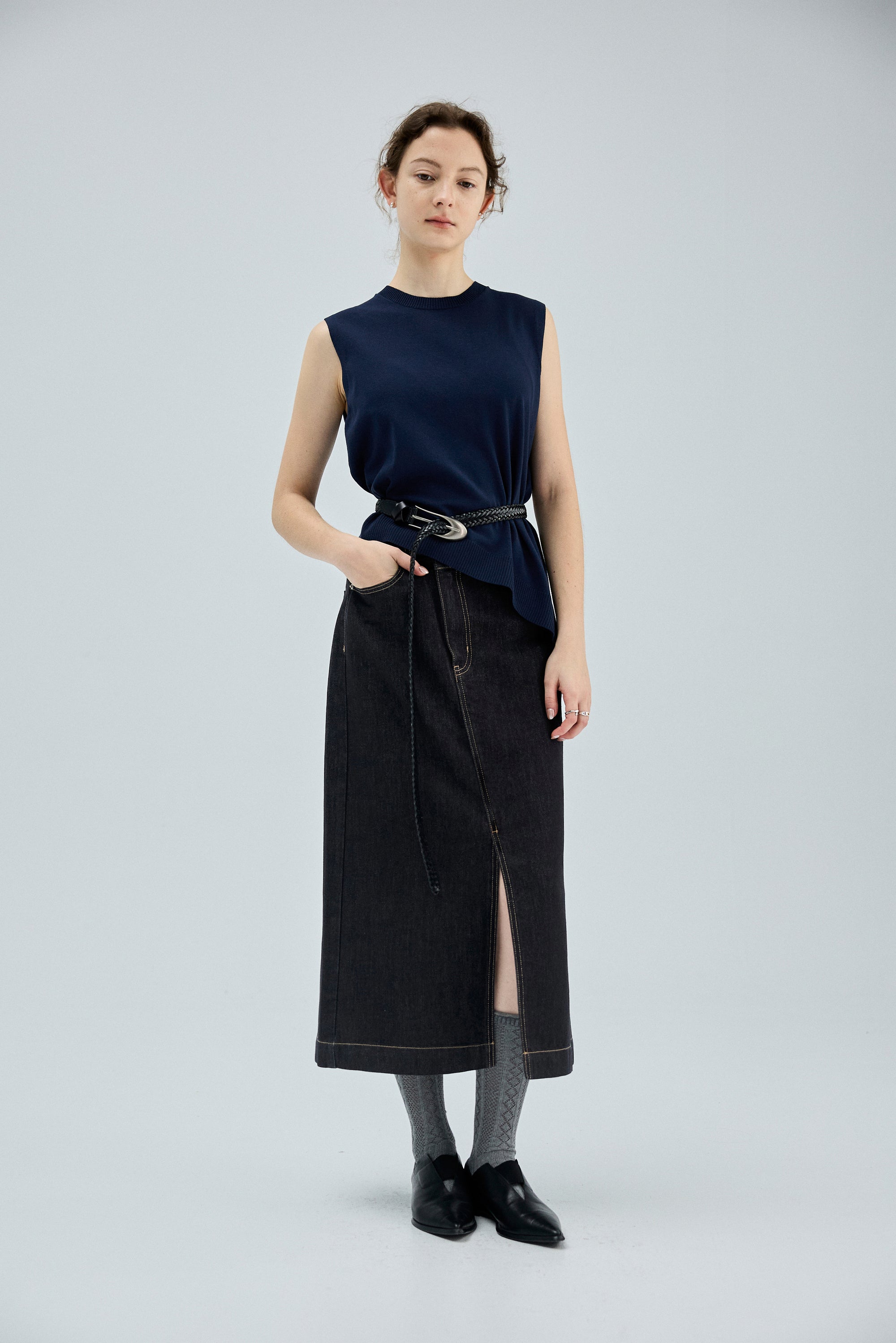 牛皮編織細長橢圓腰頭腰帶-黑