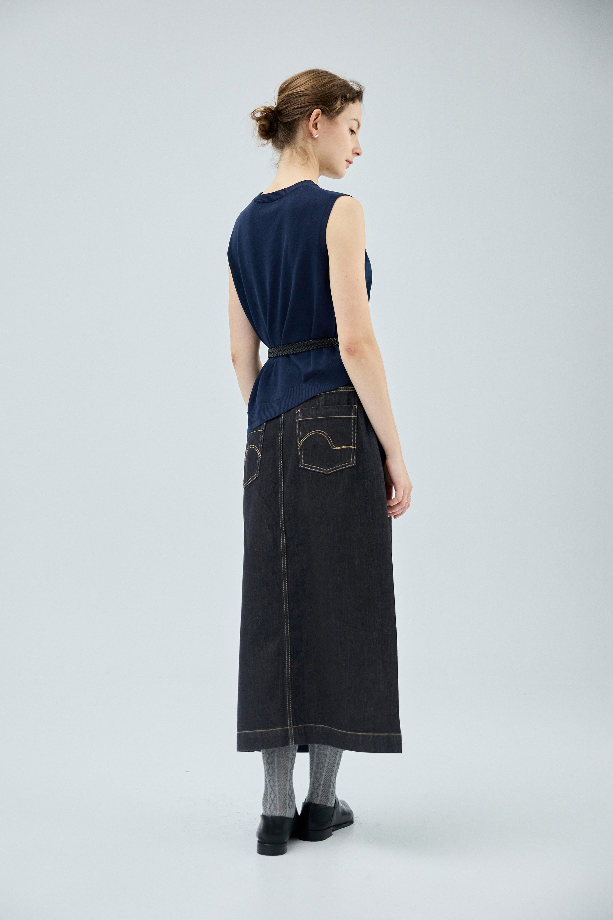 斜門襟開叉配色壓線丹寧牛仔長裙-黑