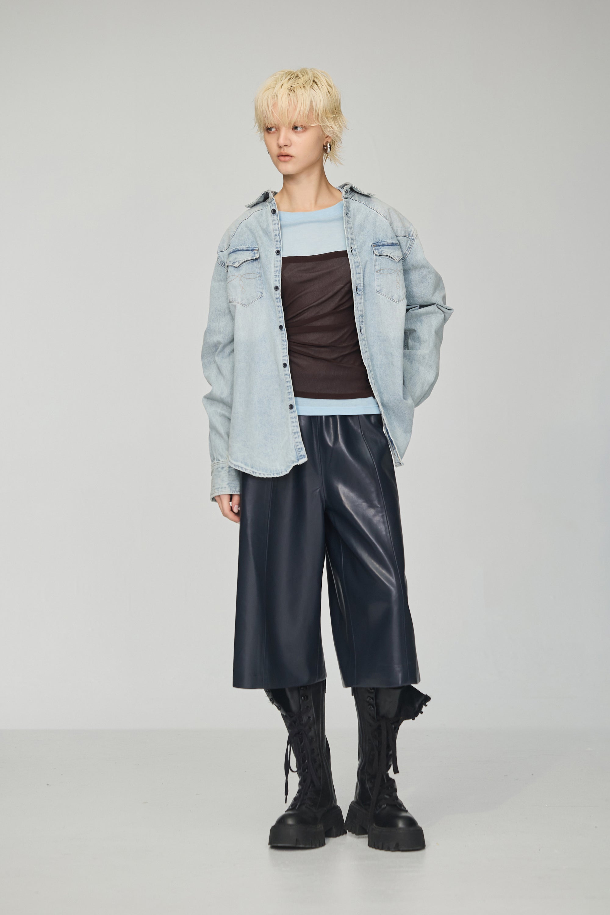 復古水洗丹寧襯衫-藍色