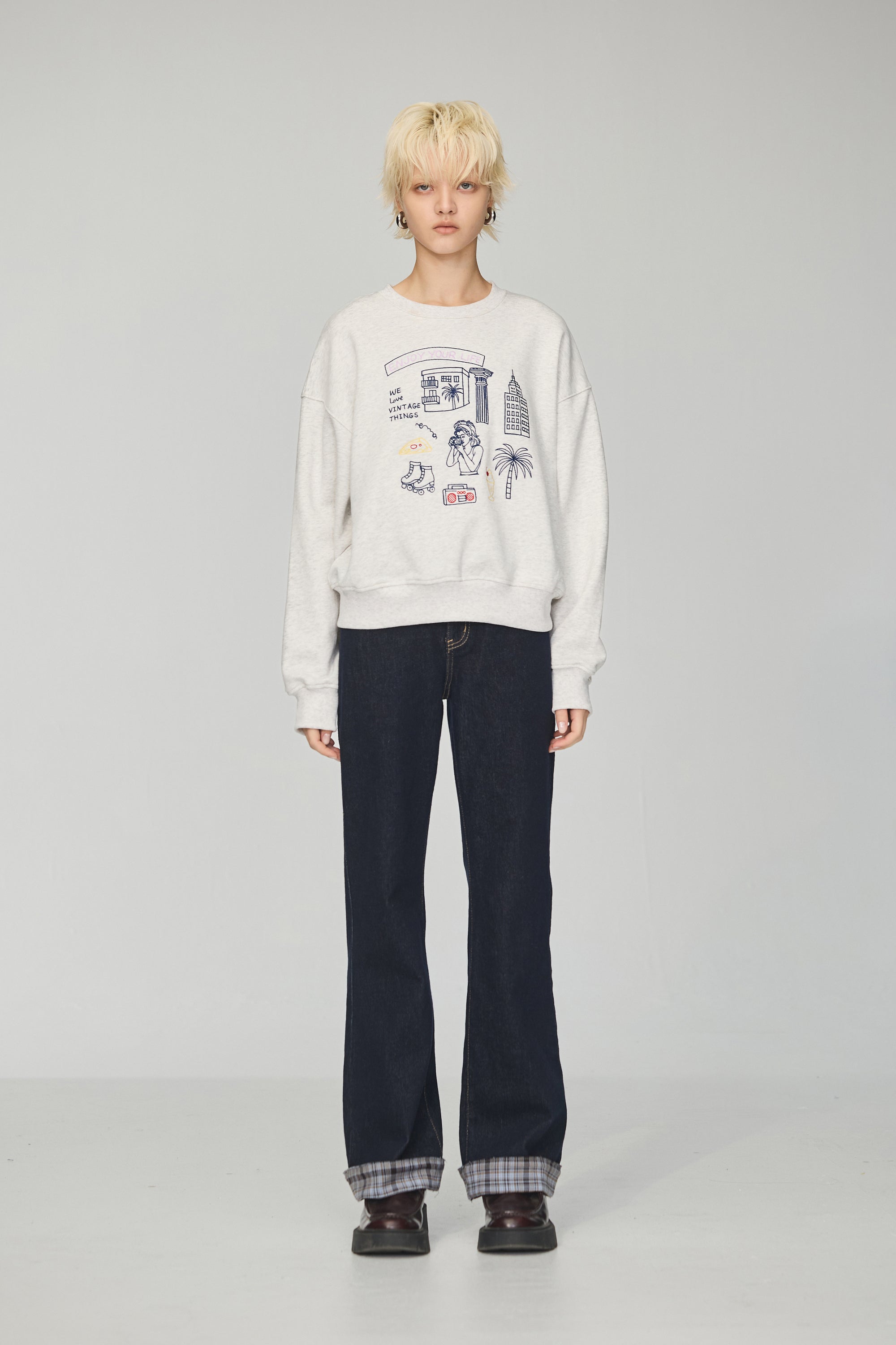 格紋反折修身小喇叭丹寧長褲-藍色