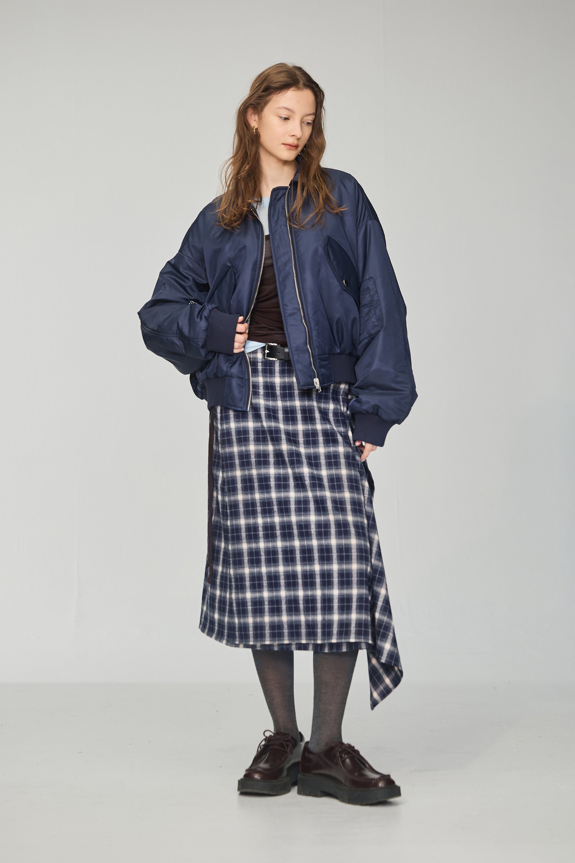 格紋層次荷葉剪接長裙(附皮帶)-藍白格