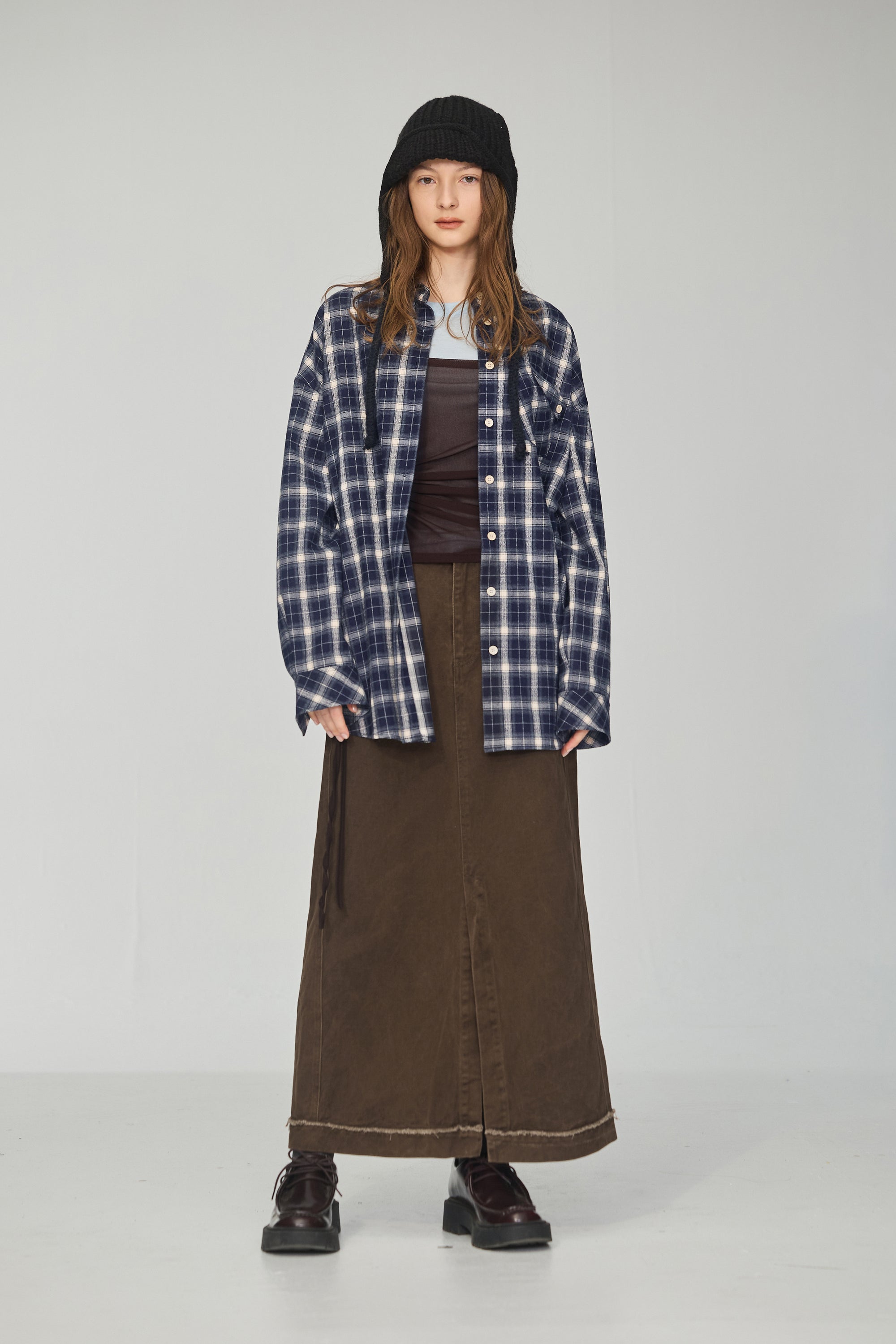 萊賽爾羊毛混紡假兩件收腰上衣-藍色